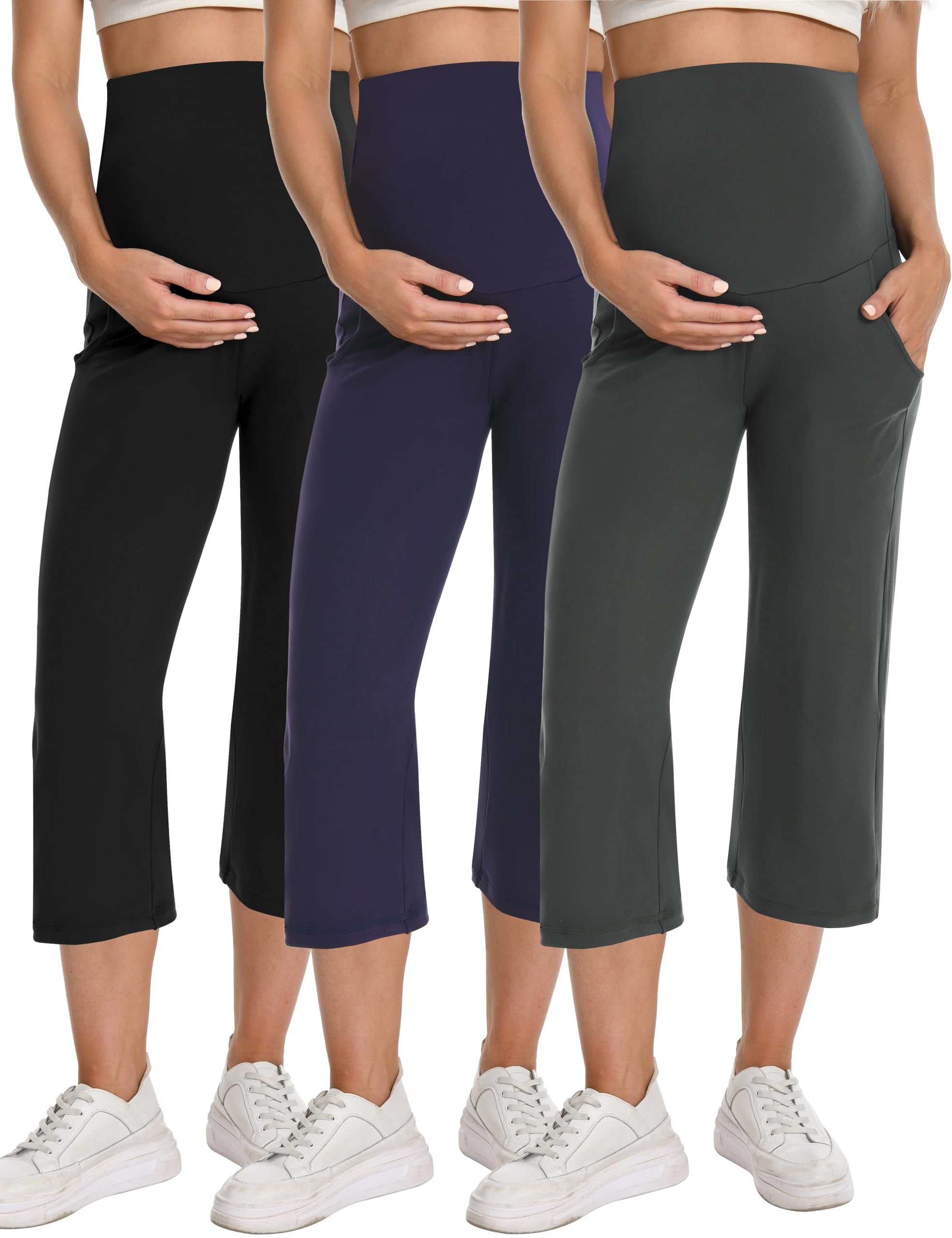 Foucome 3 Pack Maternity Capris Wide Leg Cropped Yoga Pants Summer Loose Casual Pregnancy Pants with Pockets