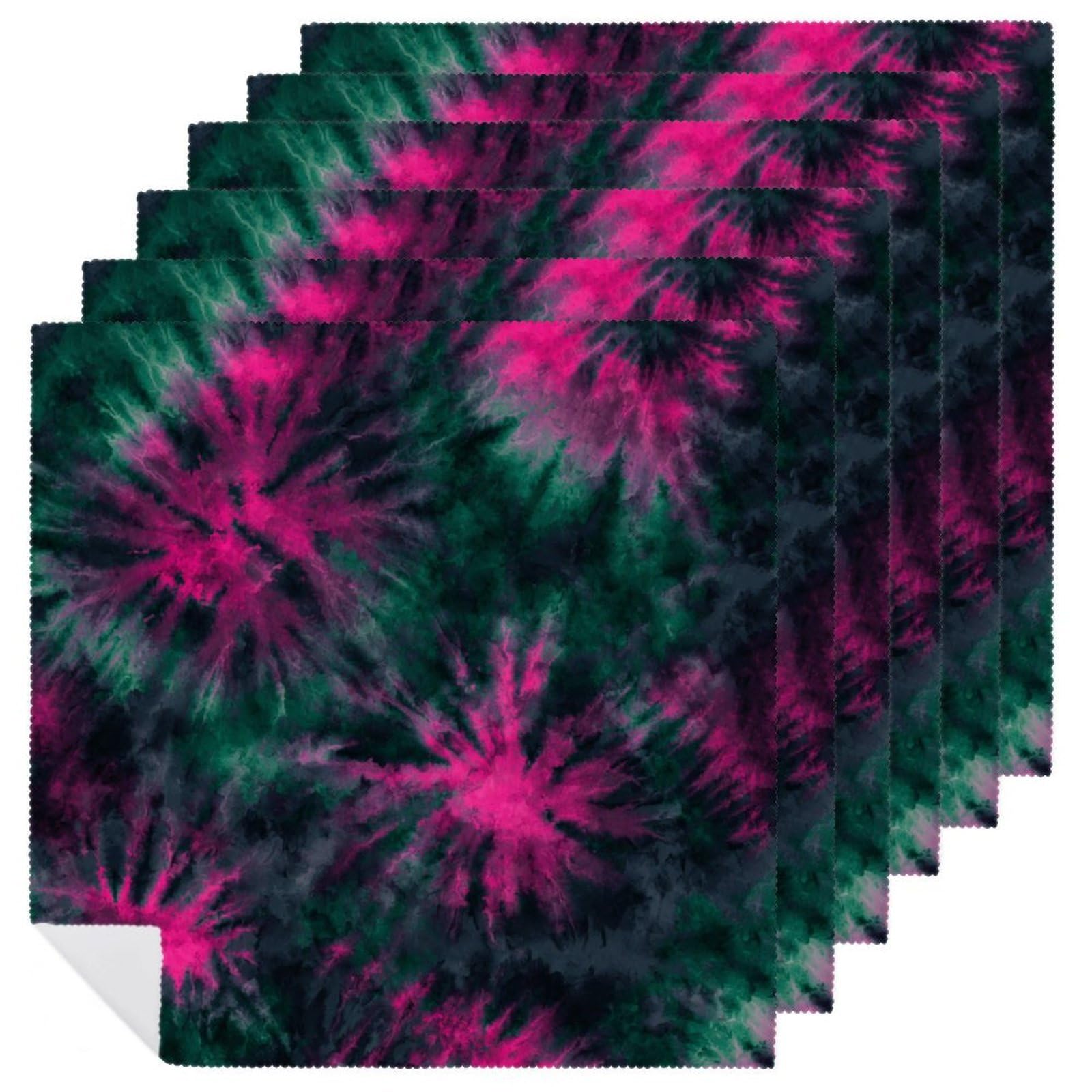 Dark Green And Hot Pink Tie Dye Cloth Napkins Set of 6, Square Premium Reusable Washable Polyester Table Linen Napkin for Dinner Party