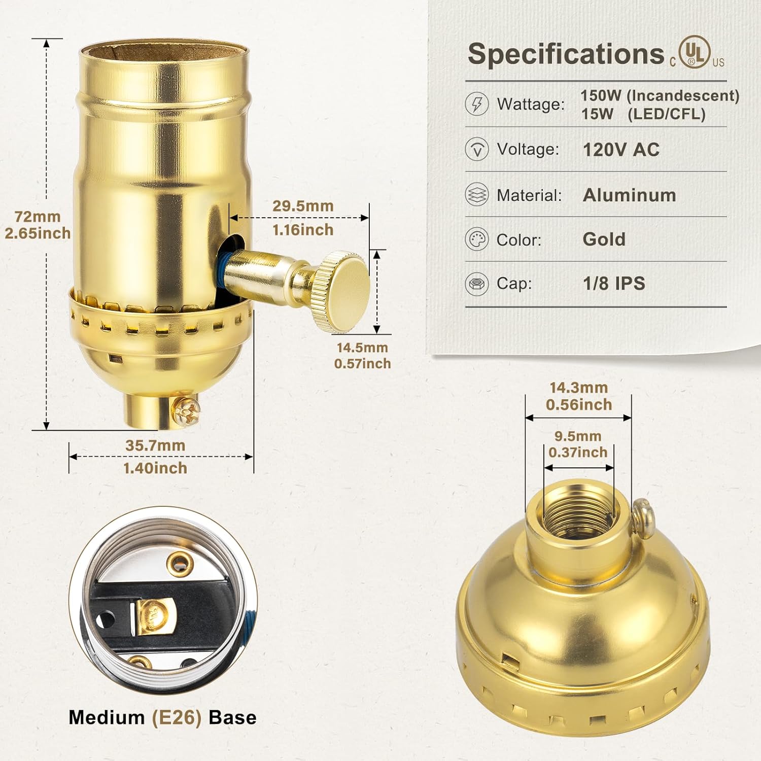DiCUNO UL Listed Full Range Dimmer Lamp Socket Replacement, Vintage E26 Light Bulb Socket, Rotating Dimmer Switch Knob for Table, Floor Lamp, DIY Project, Gold, 150 Watt, 2-Pack