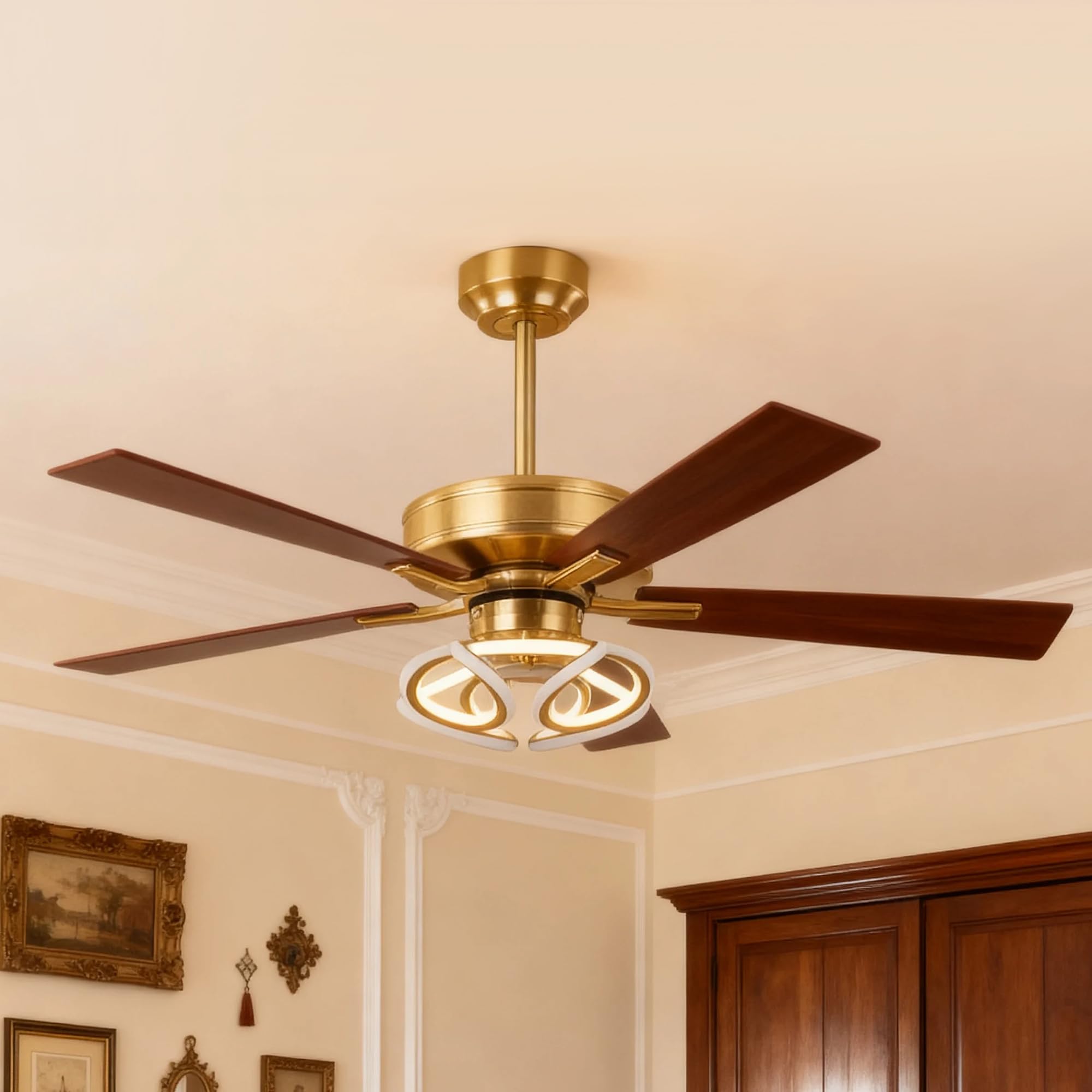 52" Gold Ceiling Fan with Lights and Remote/APP, Modern Luxury Style