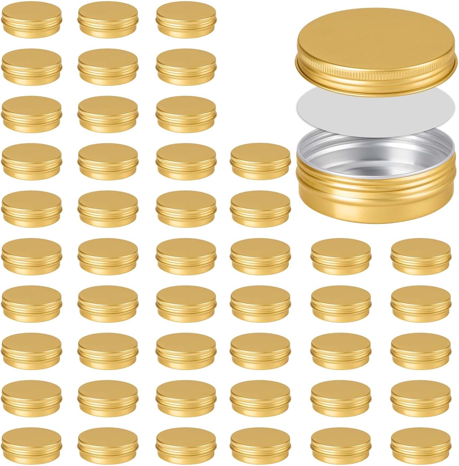 48 Pcs Aluminum Round Cans with Lid, 2 Oz Metal Tins Food Candle Containers with Screw Tops for Crafts, Food Storage, DIY (gold)