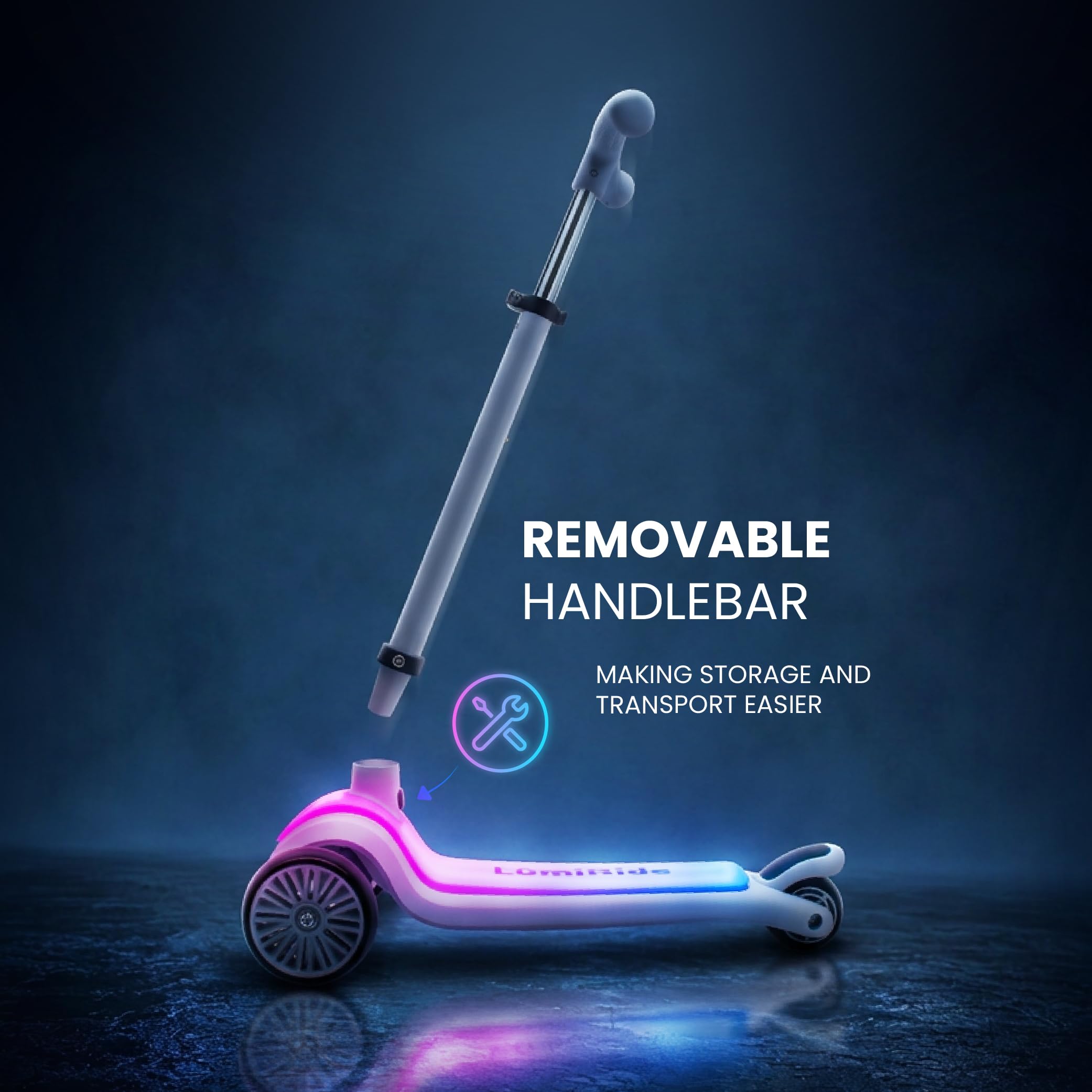LUMI RIDE Monopattino bambino 3 anni Balance Tre Ruote LED, Pieghevole, Manubrio Regolabile, Freno a Pedale, Pedana Antiscivolo, Manubrio Removibile