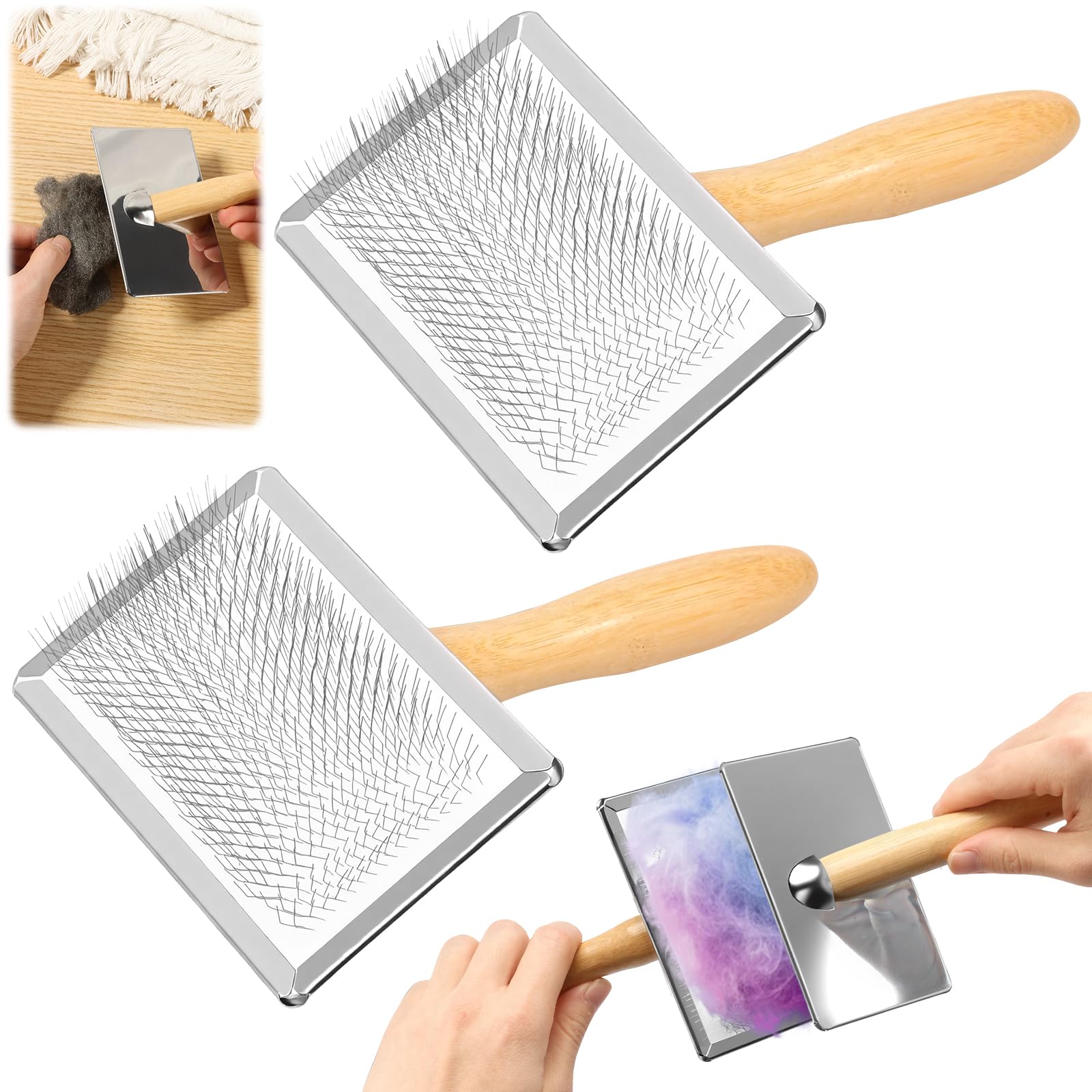Zhjiutak Silver 2 Pcs Wool Carders, Wood Carding Brushes, Hand Carder For Wool Needle Felting Brush Versatile Needle Felting Carding Brush Tool For Craft Felt Project