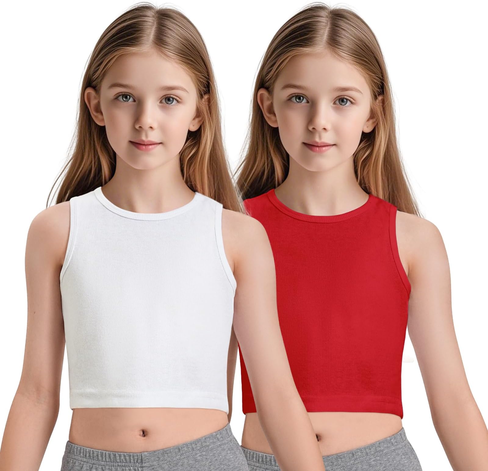 2 Pack Girls Tank Tops Cute Crop Tops for Teen Kids Ribbed Knit Athletic Dance Basic Top Size 5-14 Years