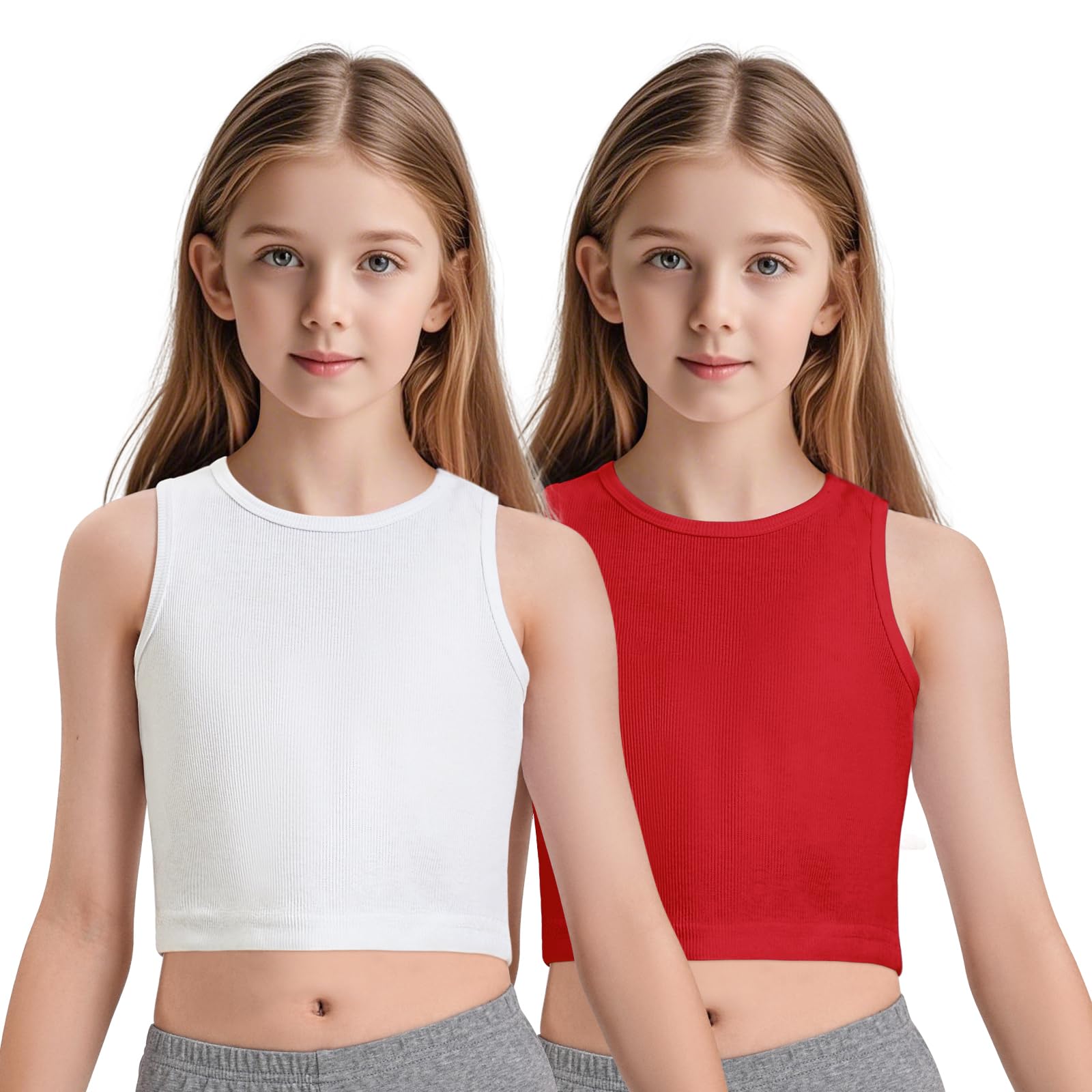 2 Pack Girls Tank Tops Cute Crop Tops for Teen Kids Ribbed Knit Athletic Dance Basic Top Size