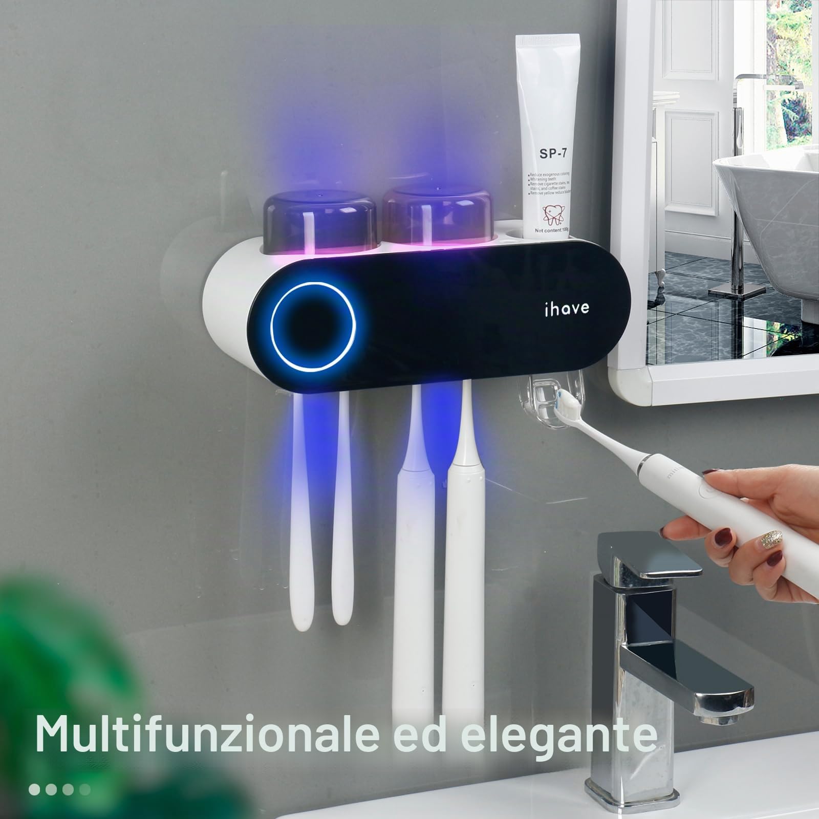 iHave Portaspazzolino per bagni, disinfettante e portaspazzolino UV Accessori per il bagno Smart Home, 2 tazze Portaspazzolino elettrico a parete con dispenser di dentifricio Decorazione per il bagno
