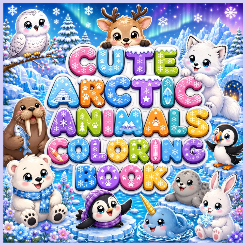 Cute Arctic Animals Coloring Book: Fun and Easy Coloring Pages for Toddlers and Kids Ages 3–7 Featuring Polar Bear, Penguin, Arctic Fox, Seal, Walrus, ... Puffin, Narwhal, Beluga Whale and More