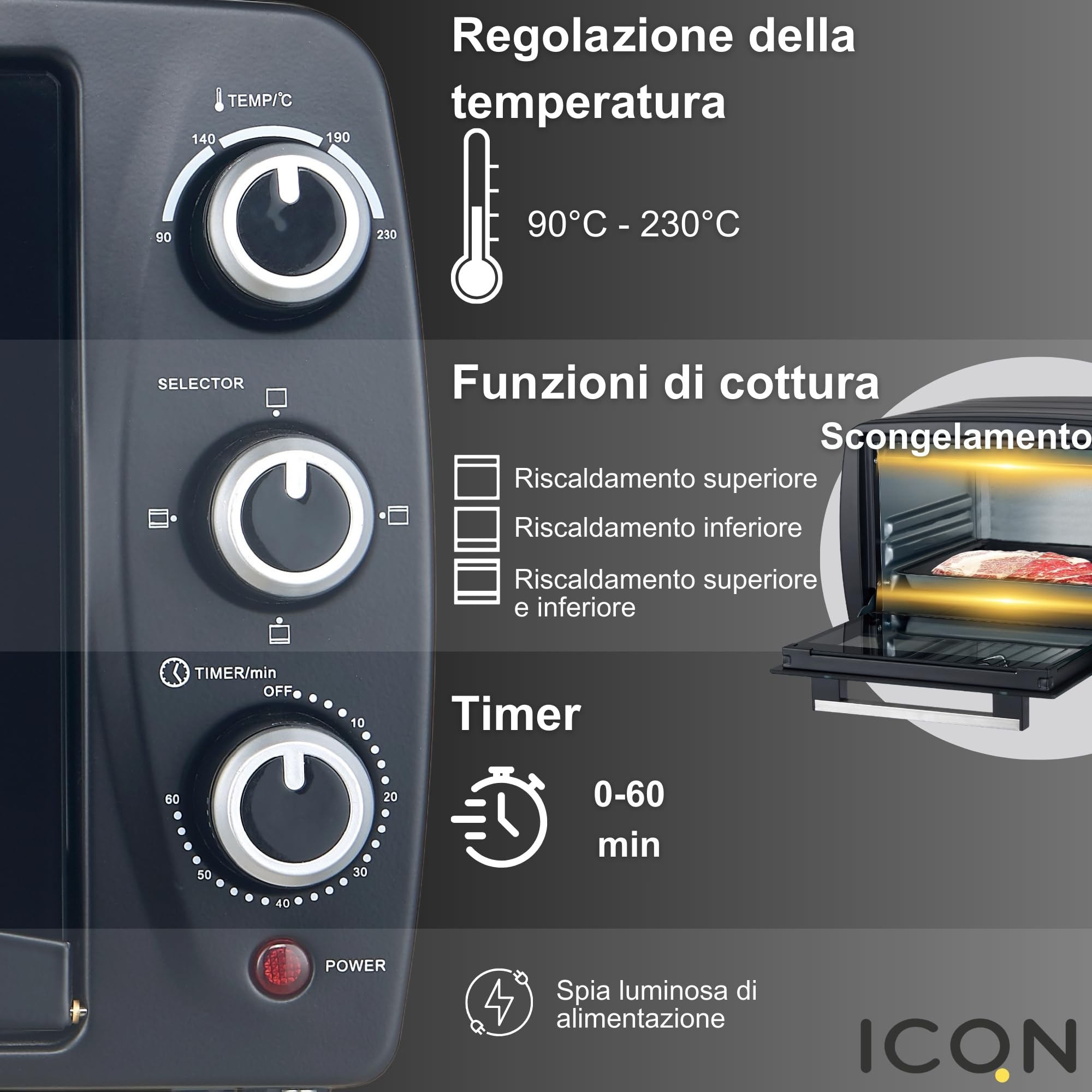 ICQN Mini Forno Elettrico 15L Compatto, 1200W, 3 Funzioni di Cottura, Minuteria 60 min, Termostato 90–230°C, Antracite