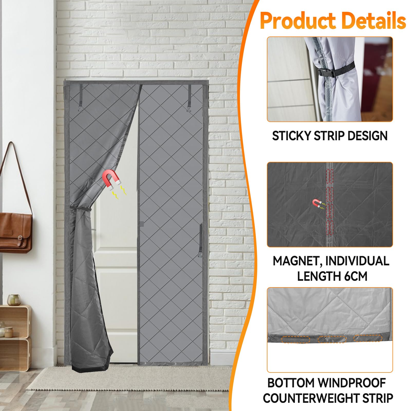 Tenda termica per porta, isolamento magnetico, in tessuto Oxford 210D, con fibbia, ispessita, antivento, impermeabile, per proteggere dal vento e il riscaldamento (100 x 220 cm)