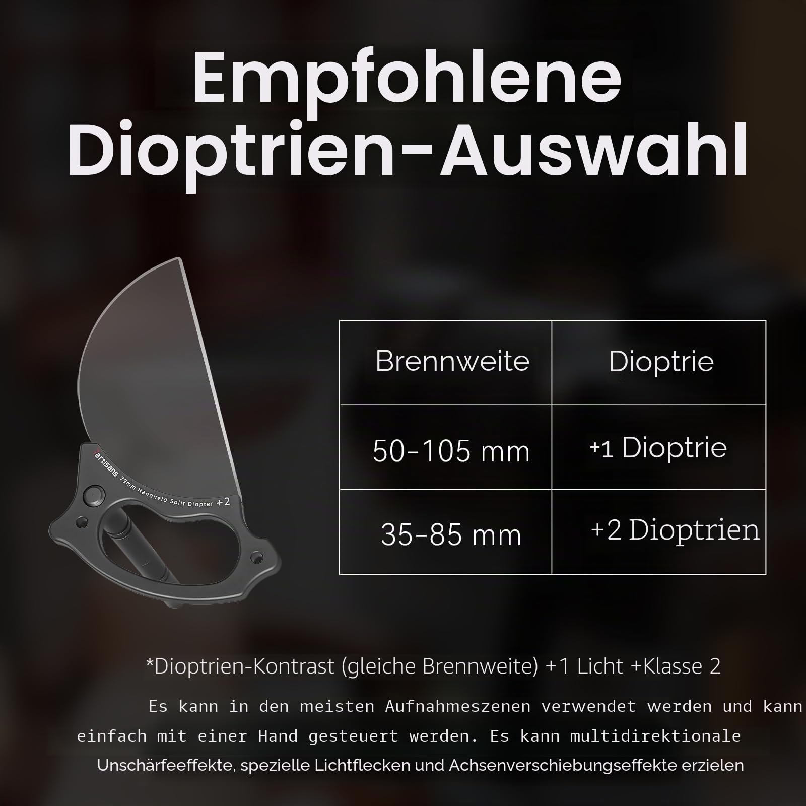 7artisans Handheld Split Dioptrien-Objektivfilter Universal Glas Kamera Filter Zubehör Spezialeffekte +2 für Fokus 35–85 mm