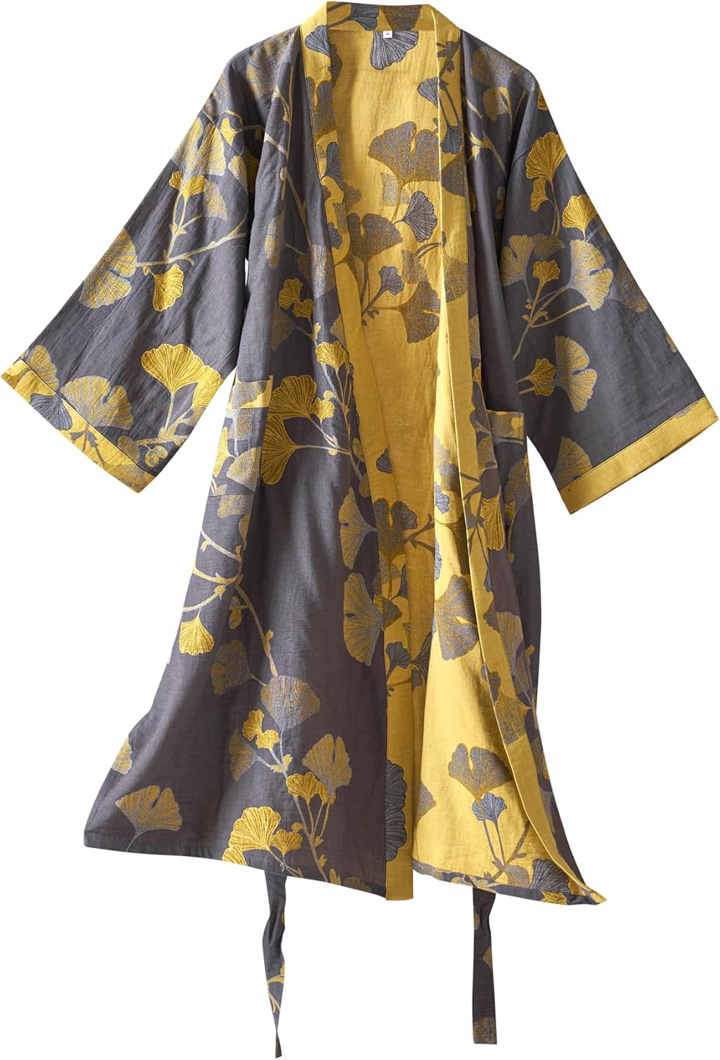 Purefair 100% Cotton Gauze Ginkgo Leaf Kimono Robe, Long Knit Loose Loungewear Bathrobe Nightgown Ladies Sleepwear for Women