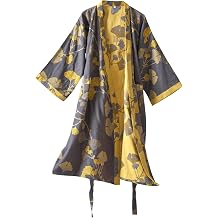 100% Cotton Gauze Ginkgo Leaf Kimono Robe, Long Knit Loose Loungewear Bathrobe Nightgown Ladies Sleepwear for Women