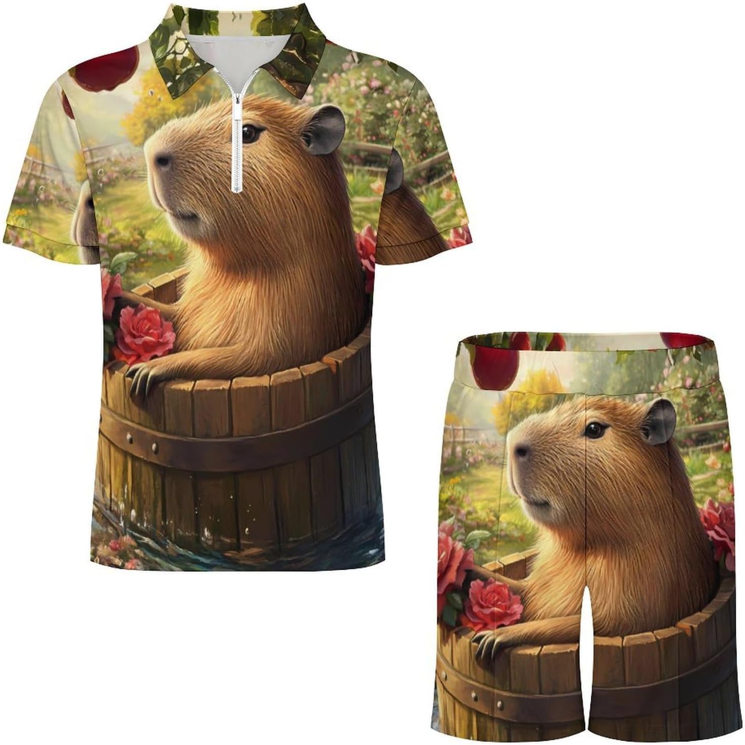 Capybara Mens Polo Shirts Track Suits 2 Piece Short Sleeve Sweatsuit 1/4 Zip Golf Loungewear for Sports