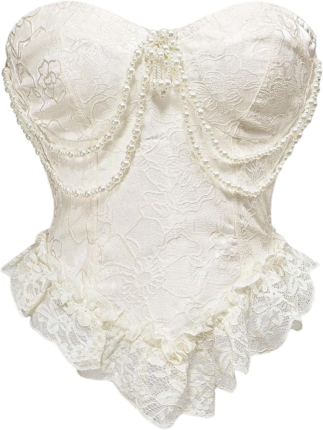 SHENHE Women's Strapless Corset Bustier Pearl Smocked Lace Trim Going Out Crop Top Tube Corset