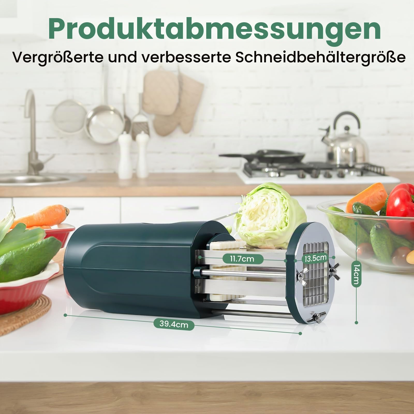 Huanyu Elektrischer Pommes-Frites-Schneider Elektrischer Kartoffelschneider mit 2 Klingengrößen Multifunktionaler elektrischer Gemüseschneider für Kartoffeln, Karotten und Gurken (Grün)