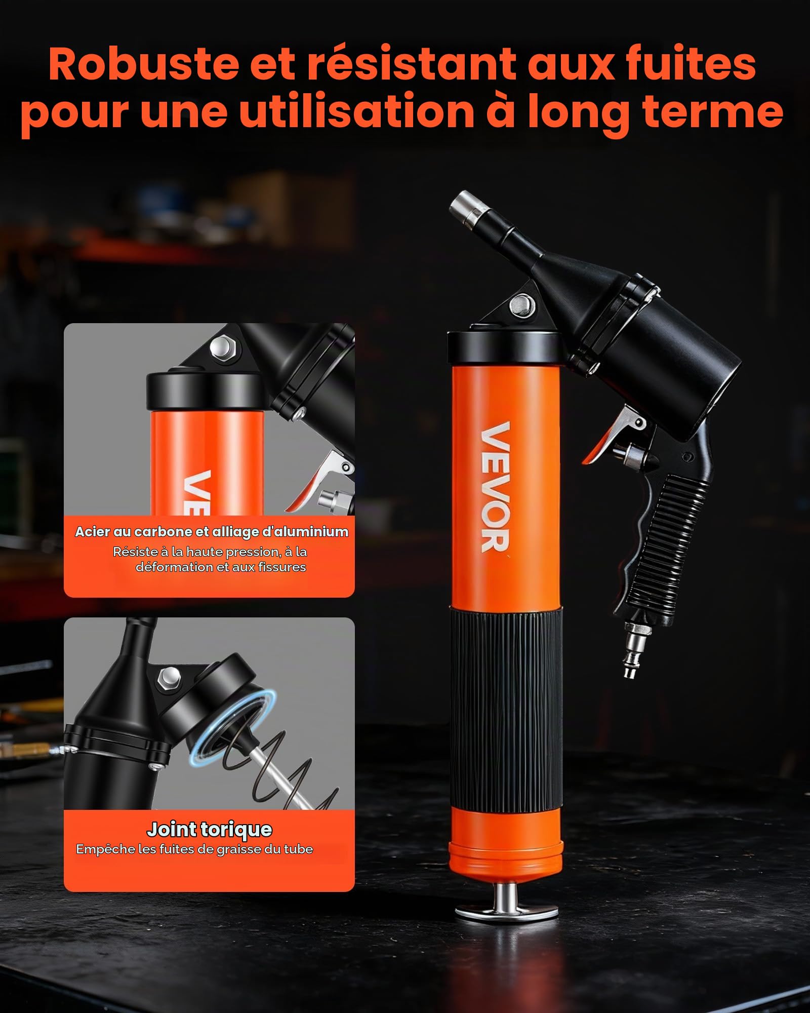 VEVOR Pistolet à Graisse Pneumatique 413 bar Pistolet Graisseur à Une Main Capacité 0,4 L pour Machines Automobiles Agricoles Industrielles, Tuyau Flexible 45,7 cm Tube Extension Rigide 2 Buses Plates
