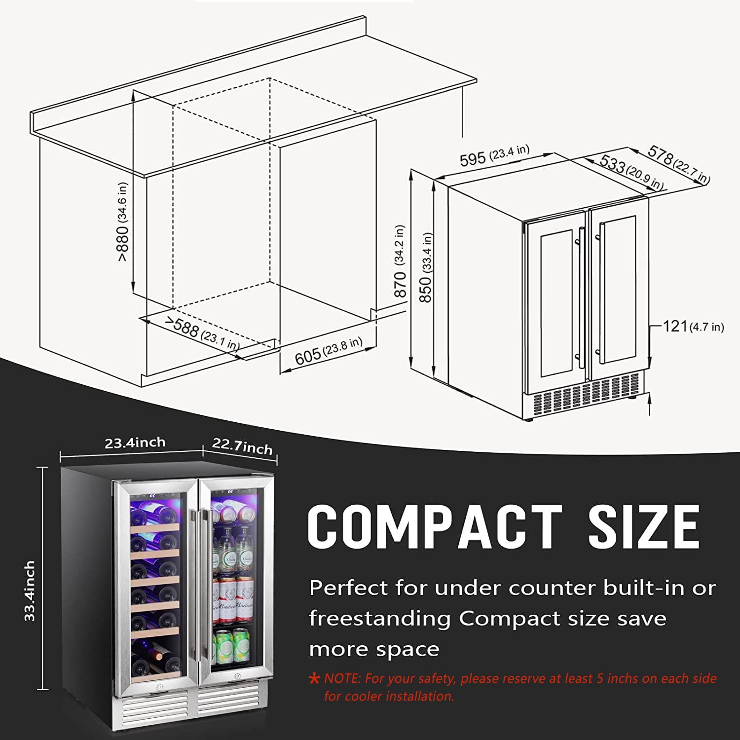 Antarctic Star Wine And Beverage Refrigerator, 24 Inch Dual Zone Wine Cooler With Glass Door, Built In Or Under Counter Wine Fridge With Blue LED Light,18 Bottles And 66 Cans Capacity Beverage Cooler on Fridge.com - View 5