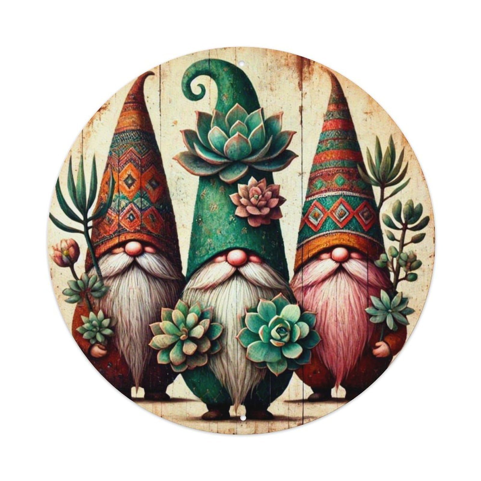 Gnomes Succulents Patterns Colorful Art Vintage Round Tin Sign Retro Metal Wall Decor Metal Poster, Home Bar Garage Cafe Wall Art Decoration 8x8Inches