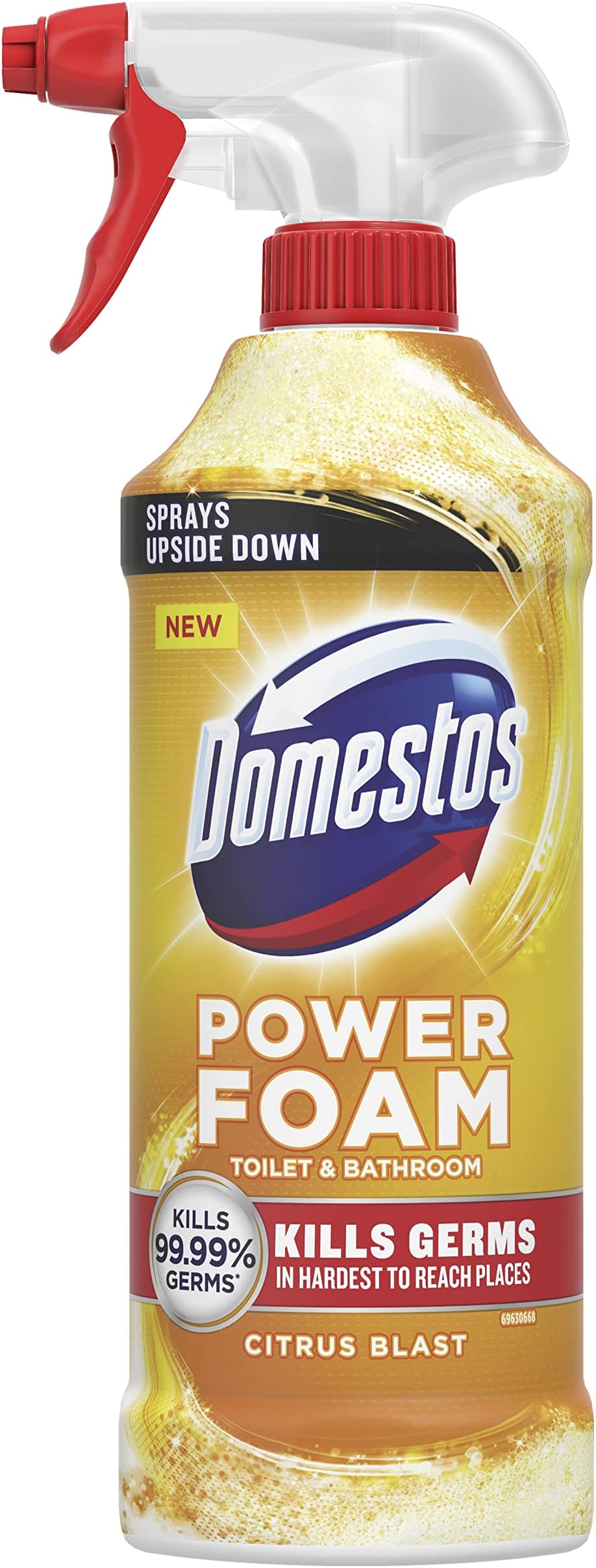 Power Foam Citrus Blast Toilet & Bathroom Cleaner Spray sprays upside down & kills 99.99% of germs for cleaning inside the toilet & around bathroom 450 ml