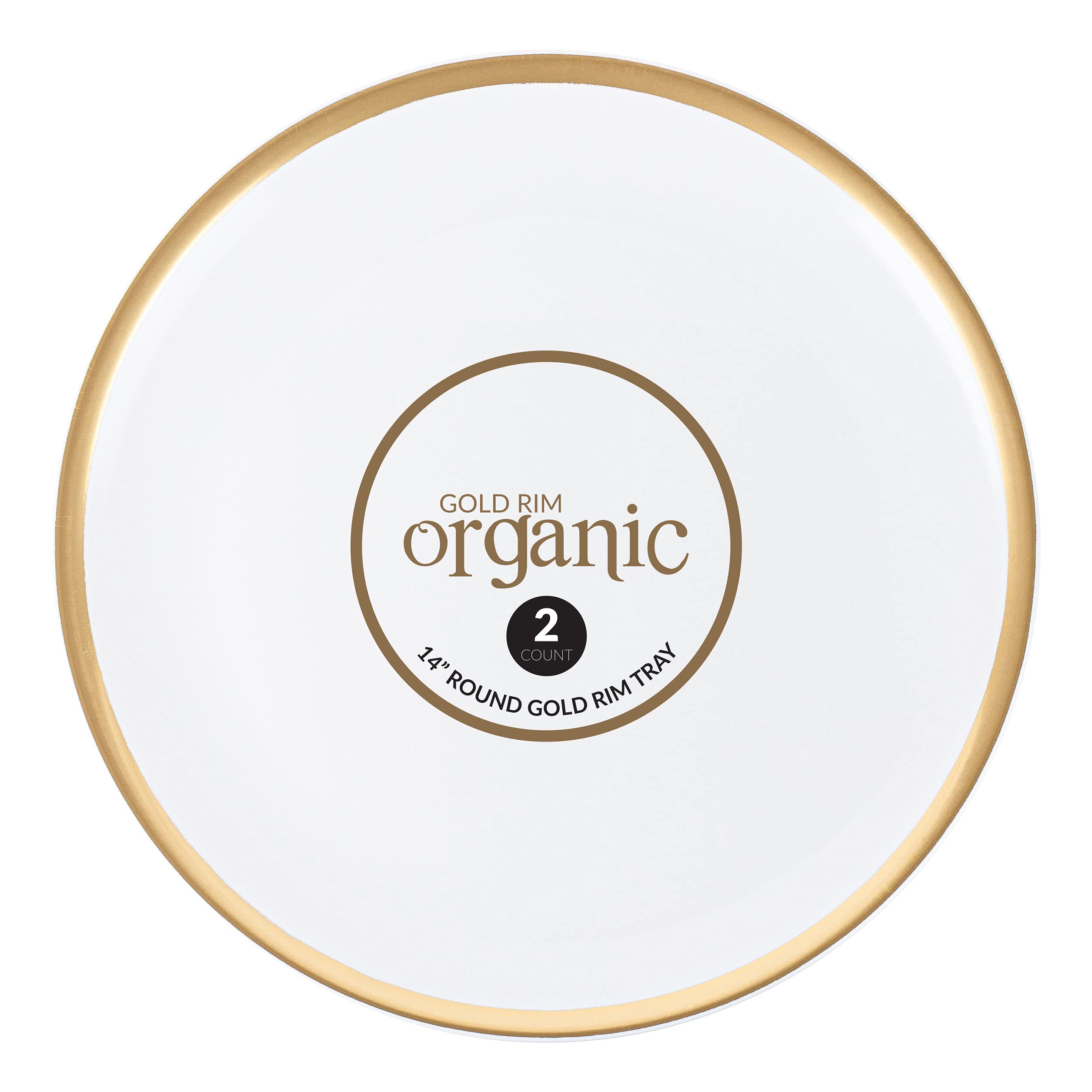 Plasticpro Plastic Serving Trays - Round Serving Platters with Gold Rim 14X14 Disposable Party DishPack of 2