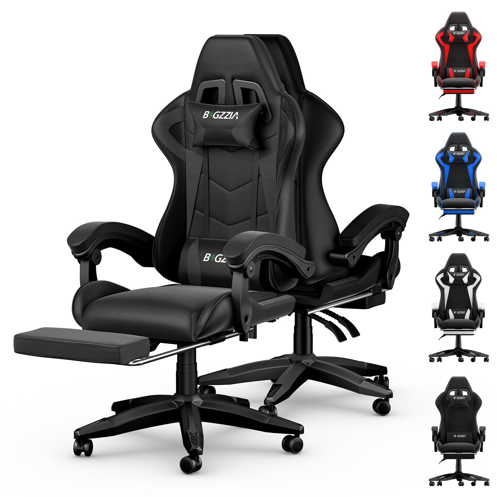 Sedia da gioco con poggiapiedi allungabile e supporto lombare regolabile, reclinabile a 90°-155°, in pelle PU, sedia ergonomica per computer, sedia da ufficio in memory foam con cuscino per