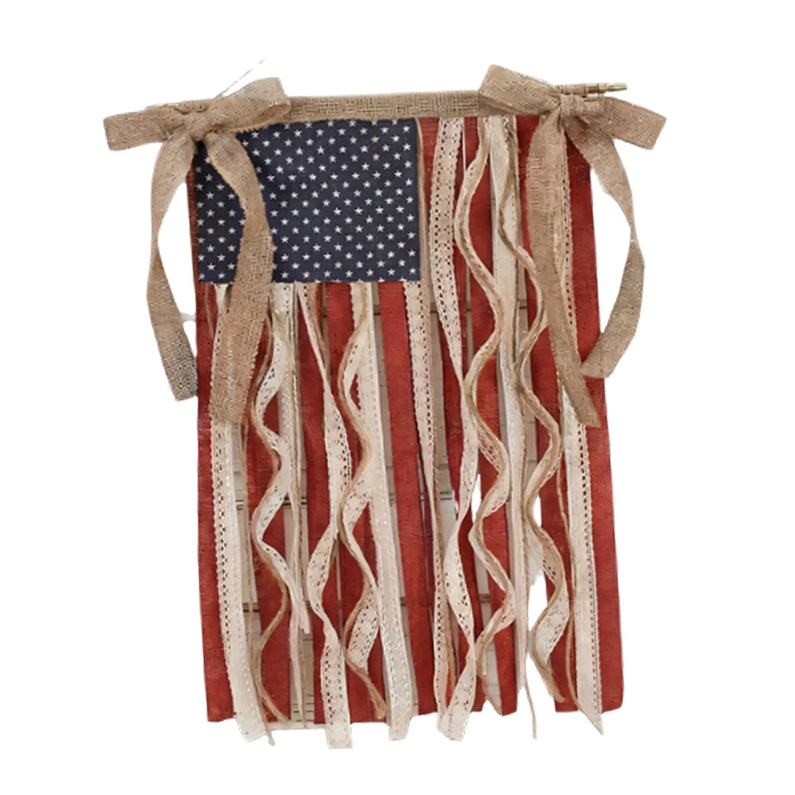COOLHOOD Farmhouse Patriotic Wall US Flag Decor with Burlap Texture, Lace-Look Ribbon Detail, Wood Dowel, and Cord for Seasonal Display Hanging Bunting