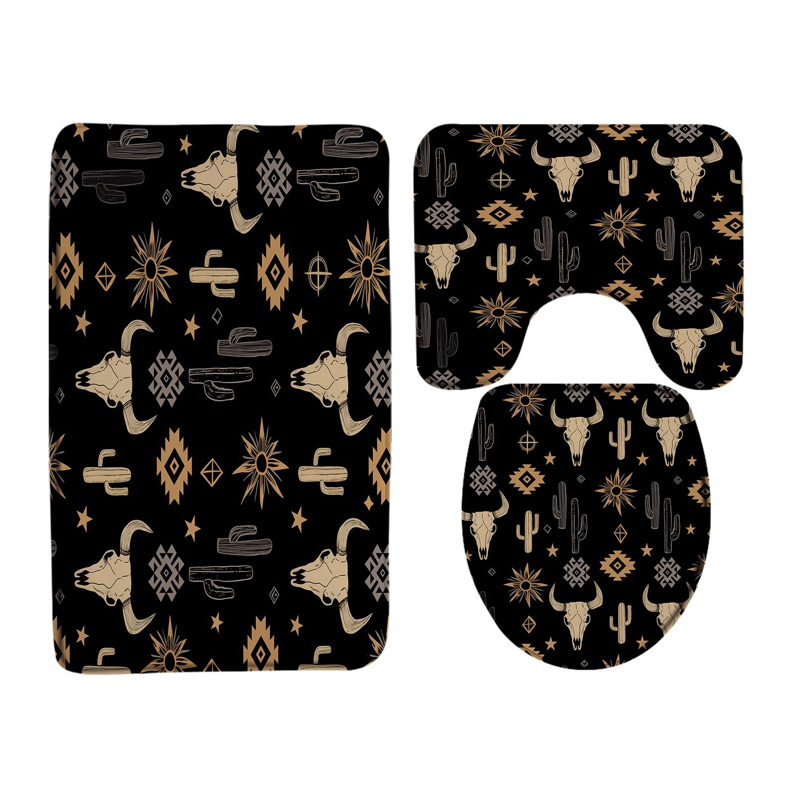 GCTNBJL Western Boho 3 Piece Bath Mat Sets,Aztec Tribal Cow Skull Cactus Vintage Geometric Black Golden Bathroom Memory Foam Rug,24"x36"Bath Mat,