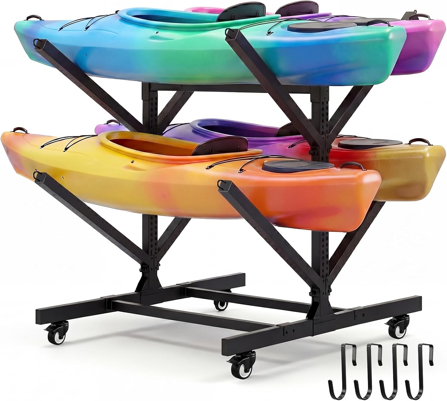 2/4-Tier Double-Sided Kayak Storage Rack with Wheels, Heavy Duty Freestanding Canoe Stand for 2～8 Kayaks, 600lbs Capacity, Adjustable Arms, Indoor Outdoor Garage