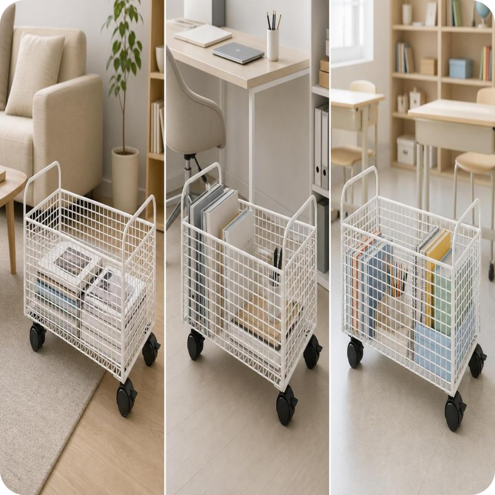 Contenitore Libri con Ruote Carrello Libreria Carrello Portaoggetti Cestino Metallico in Struttura Aperta E Maniglie Ergonomiche Ruote Rimovibili, Bianco, Grande Con Ruote