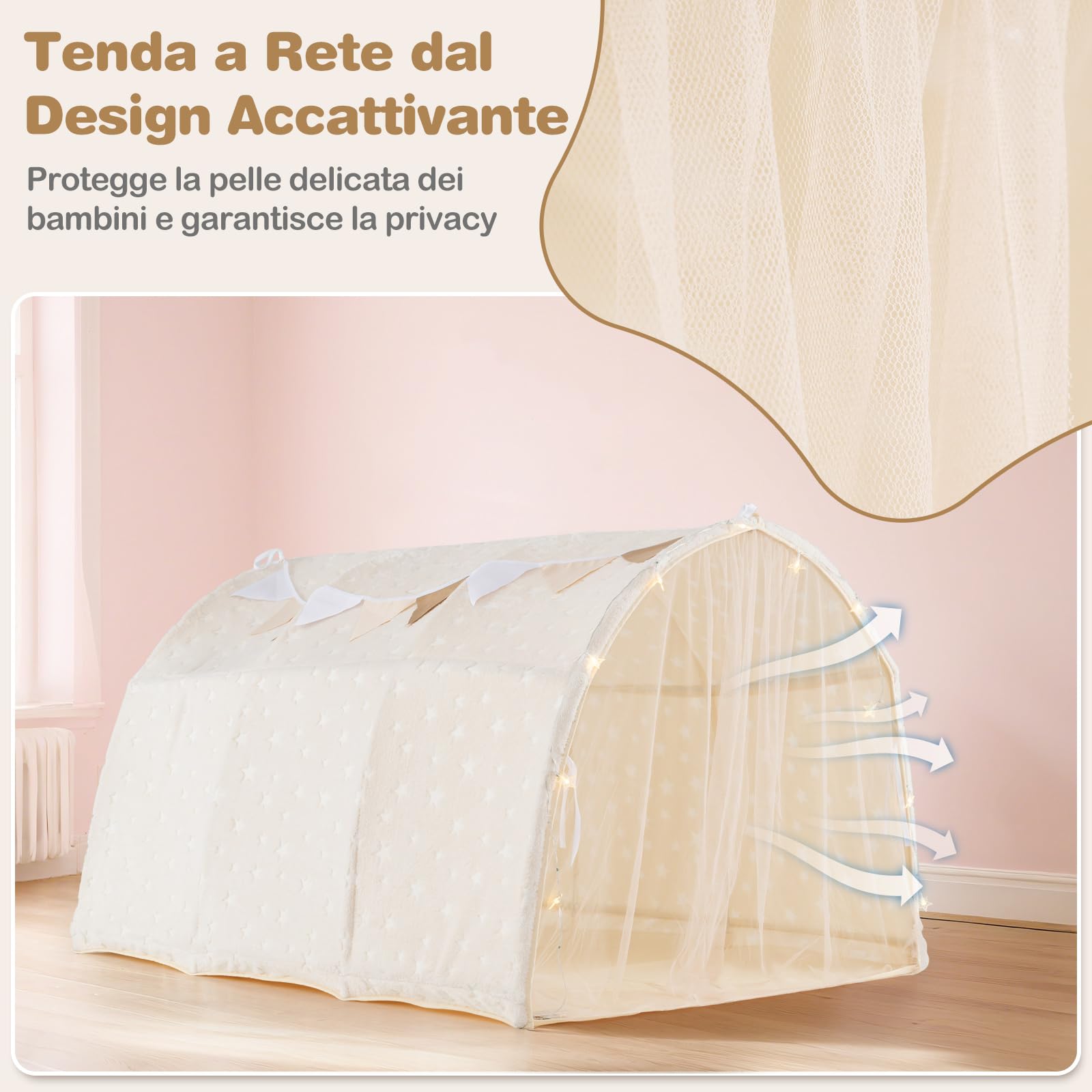 COSTWAY Tenda da Gioco per Bambini,Tenda Letto Cameretta con Stelle Luminose,Tende a Rete, Luci a Filo e Bandiere, Design Pieghevole, per Bambini 3+ Anni, 137 x 101 x 82 cm