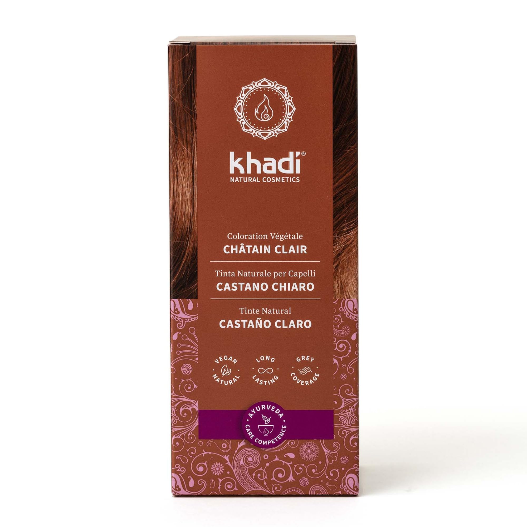 khadi CASTANO CHIARO Tinta naturale per capelli - Tinta per capelli per un risultato castano chiaro dai riflessi ramati vivaci - 100% naturale e vegana - 100 g