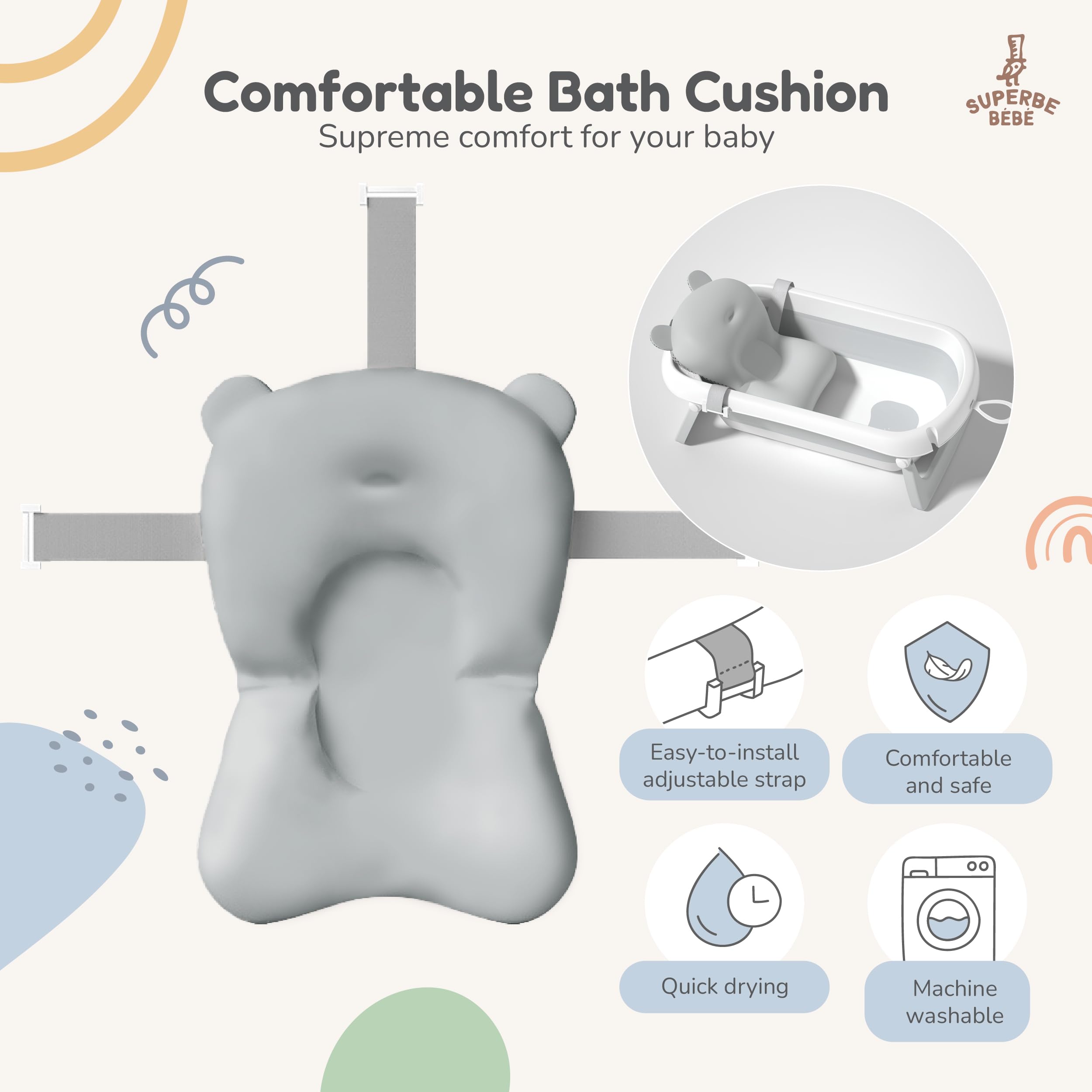 Bagnetto per bambini pieghevole con cuscino da bagno/Vaschetta bagno neonato XL con termometro per il controllo della temperatura dell'acqua/Dalla nascita ai 2 anni / 5 palline di plastica