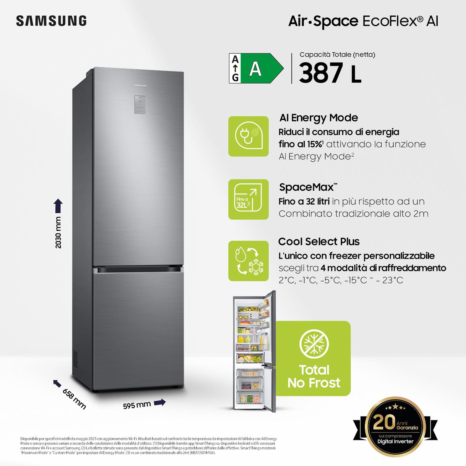 Samsung EcoFlex AI RL38C776ASR Frigorifero Combinato, Motore Digital Inverter, Total No Frost, Twin Cooling Plus, 387 L, LxAxP: 59,5 x 203 x 65,8 cm, Silver (Ricondizionato)