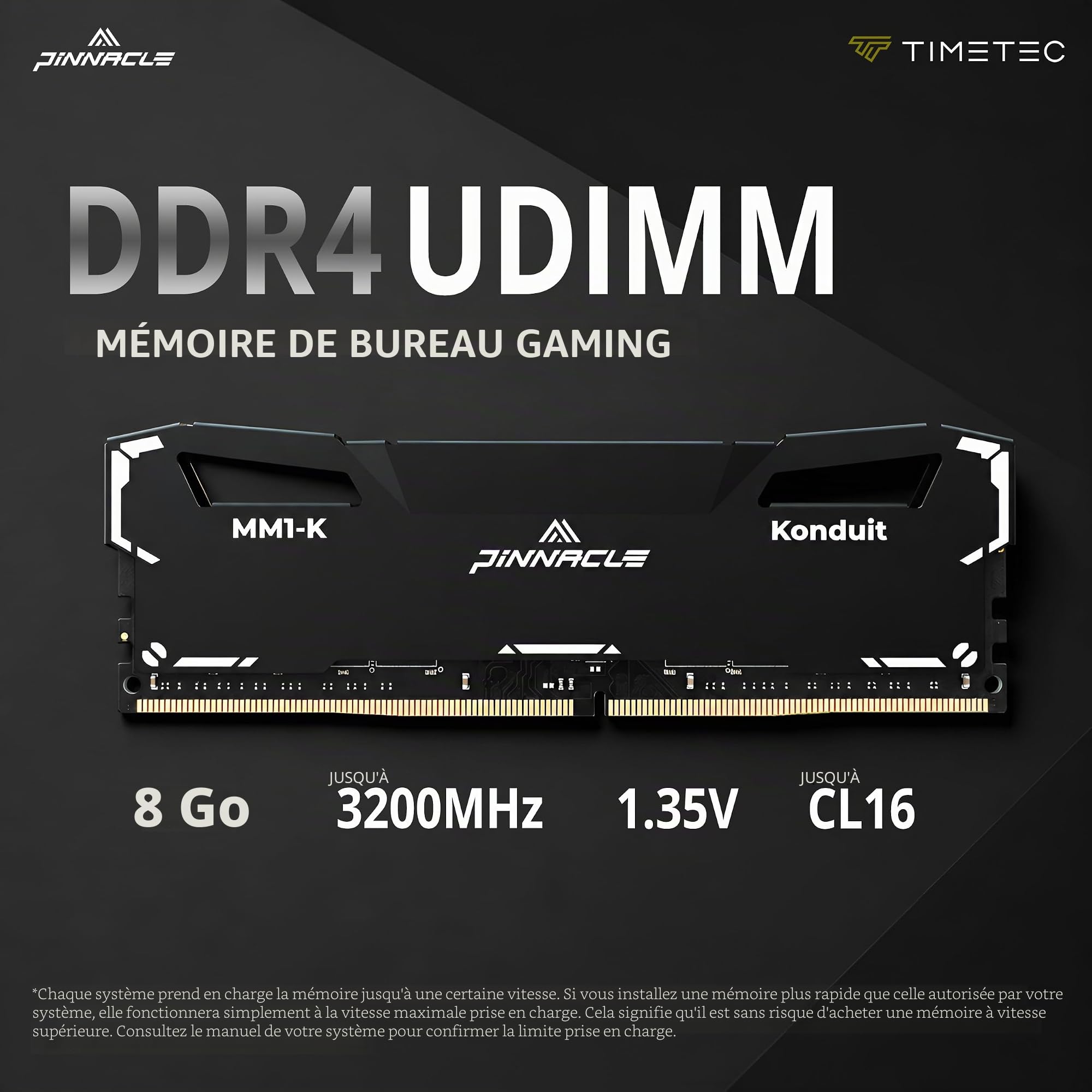 Timetec Pinnacle-Konduit 16GB (2x8GB) DDR4 3200MHz PC4-25600 CL16-18-18-38 XMP2.0 Overclocking 1.35V AMD et Intel Compatible Gaming PC Module RAM Noir