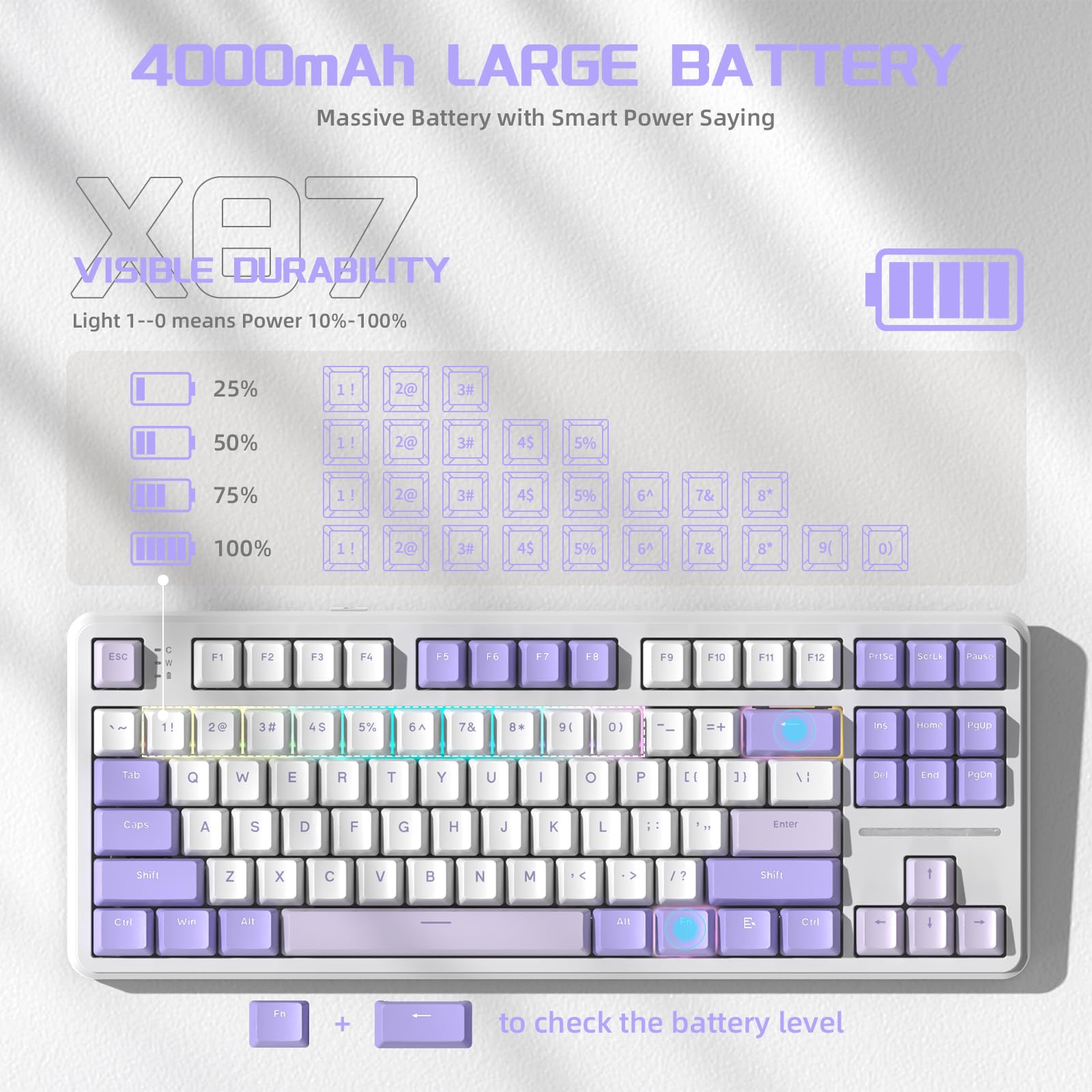 LexonElec X Attack Shark X87 Kabellose Gaming-Tastatur, Tri-Modus-BT/2.4G/Verkabelt, Hot-Swap-fähig, Linearschalter, 87 Tasten PBT-Tastenkappe, Dichtung Struktur, RGB-Tastatur(Lila)