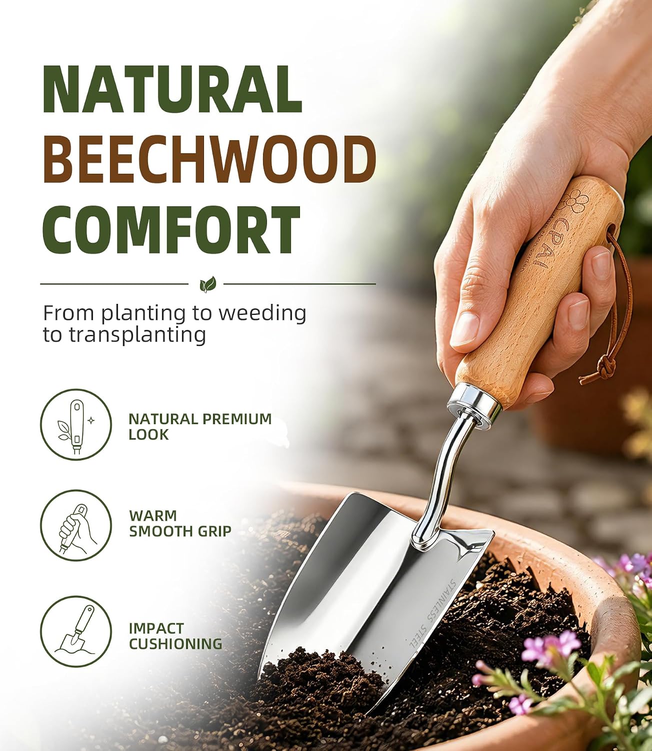 Garden Trowel, Heavy Duty 2mm Stainless Steel Hand Shovel image 4