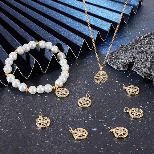 Miniatura 4 de Beebeecraft 1 caja de 10 dijes de brújula micro pavimenta de circonita cúbica de piedra de cristal dorado plano redondo colgantes para bricolaje