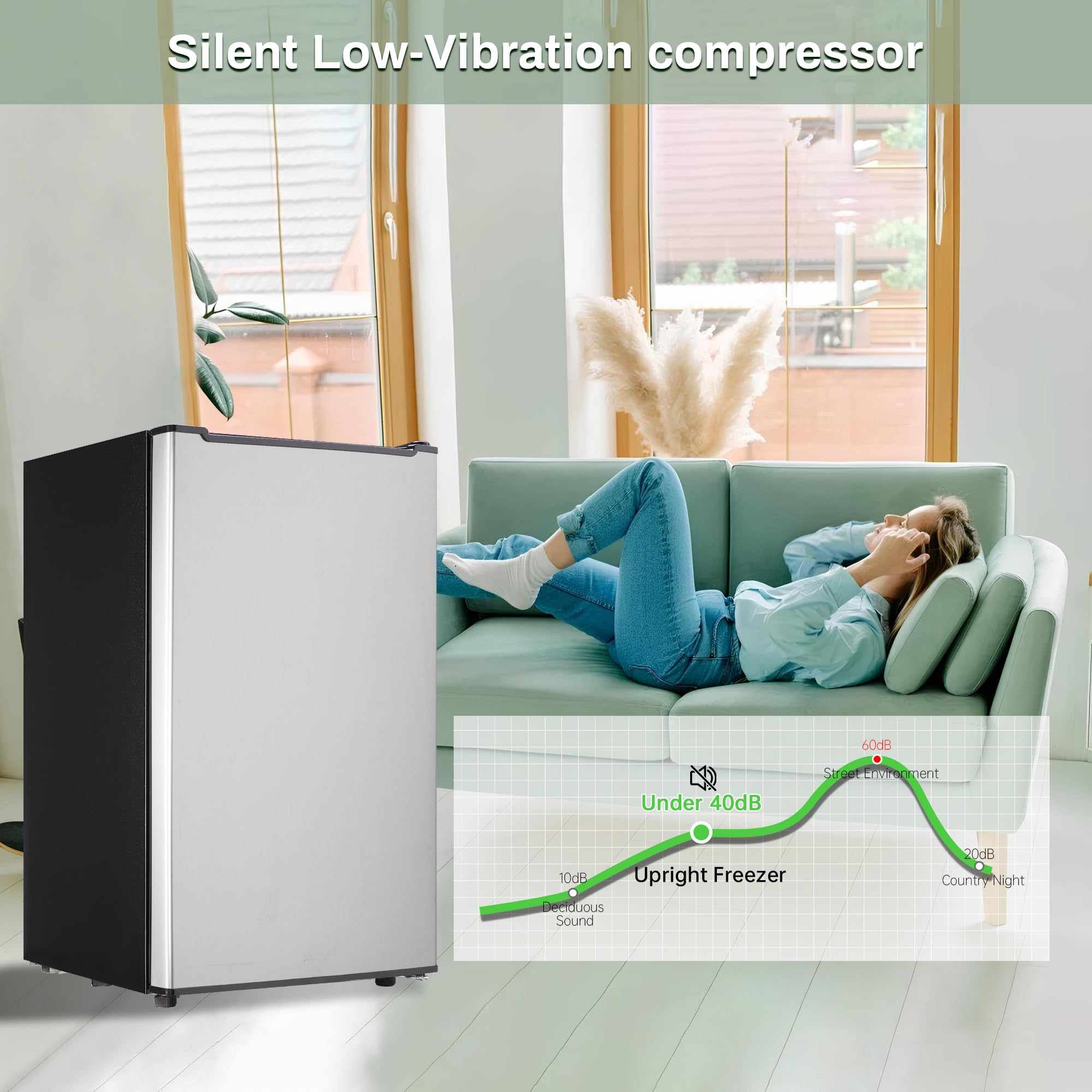 Maine Upright Freezer 3.6 Cu.Ft Mini Freezer With Reversible Stainless Steel Door Freestanding Compact Freezer With 3 Adjustable Thermostat, Small Freezer For Apartment Dorm (Silver) on Fridge.com - View 4