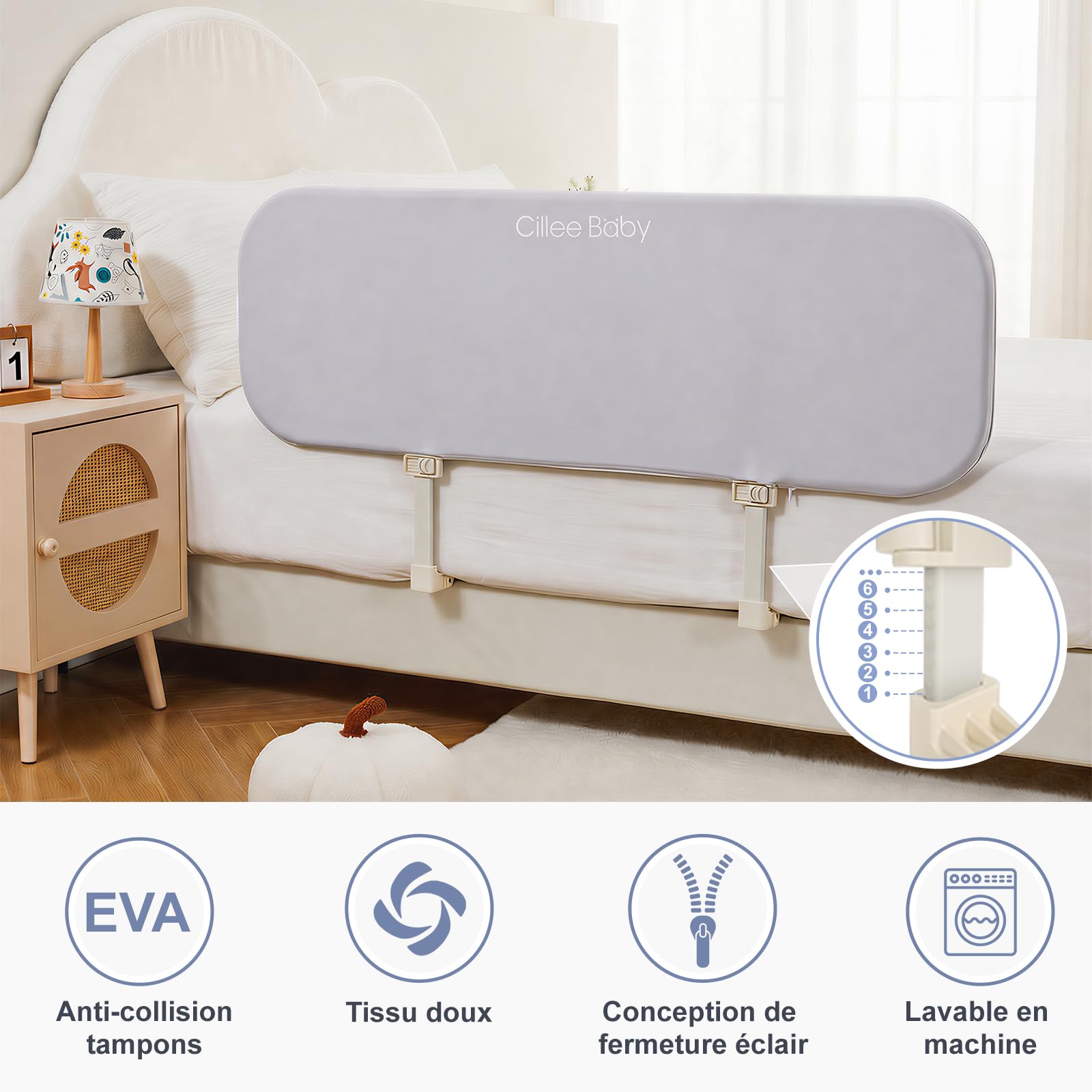 GUUSII HOME Pliable Barriere de Securite Enfant Lit, sans Montage, 80 cm | Réglable en hauteur, Protection Anti-Chute Cododo Bebe Monobloc Portable, Avec Sac de Voyage, Housse Zippée Amovible Lavable