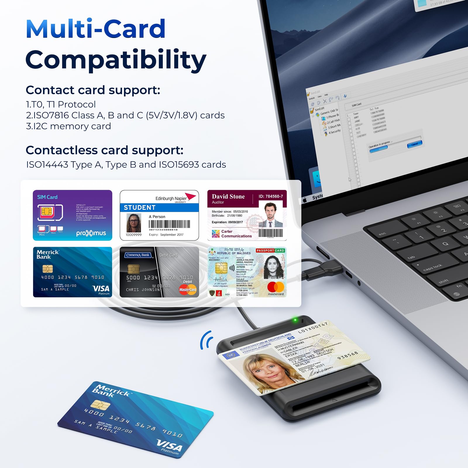Quanlex USB-A+USB-C czytnik CIE 3.0 elektroniczna karta identyfikacyjna i karta medyczna, czytnik kart Smart NFC do DNI, kart bankowych, kompatybilny z systemem Windows, Linux, Android, kabel 95 cm