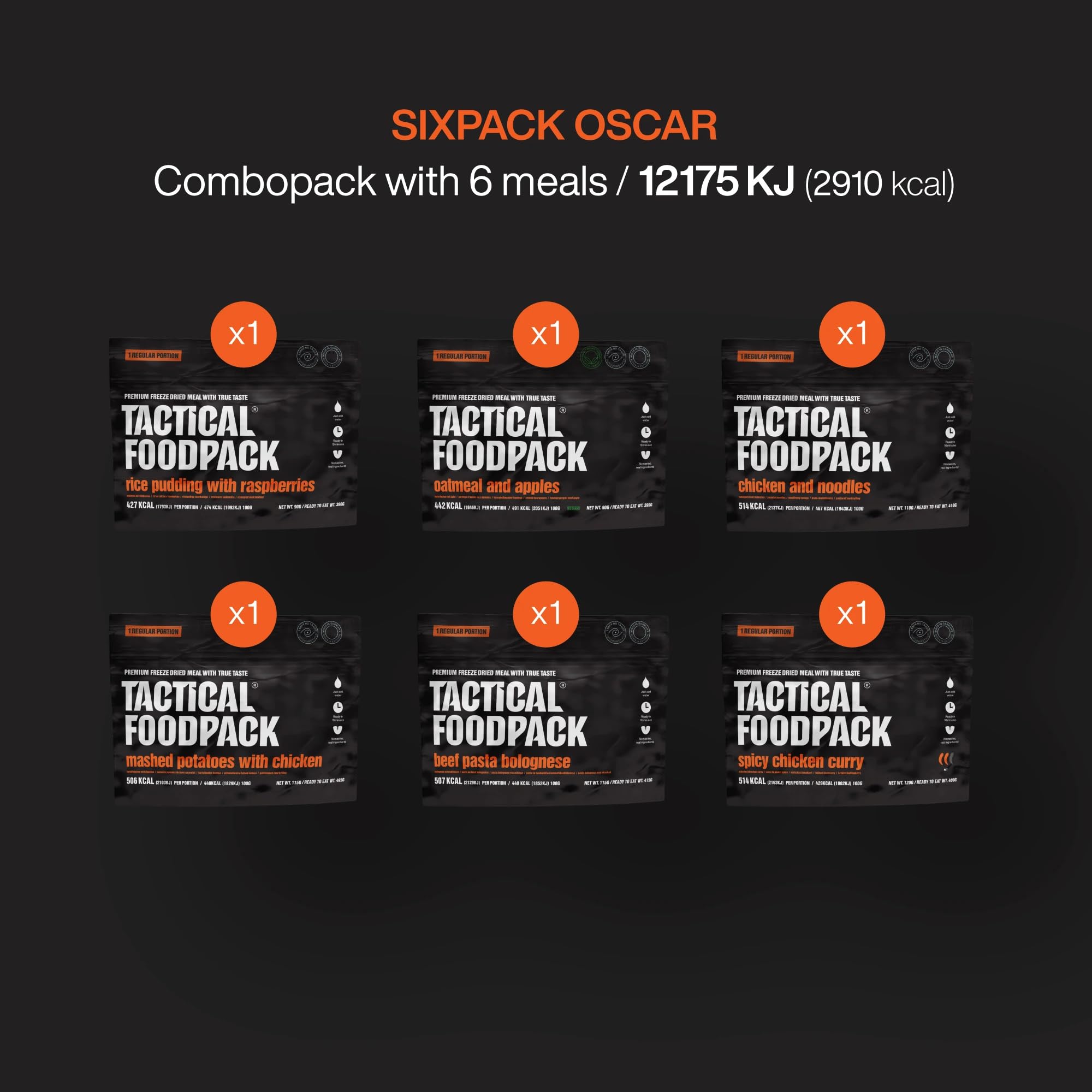 Tactical?Foodpack?Sixpack?Oscar – Pack de supervivencia 2?días con 6?raciones?|?Comida liofilizada lista en?5?9?min para emergencias y outdoor