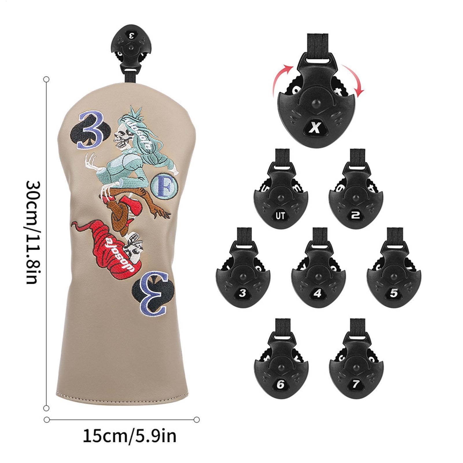 Lot de 4 housses de clubs de golf brodées avec motif crânes | Lot de 4 housses élastiques pour clubs de golf et driver pour entraînement de golf