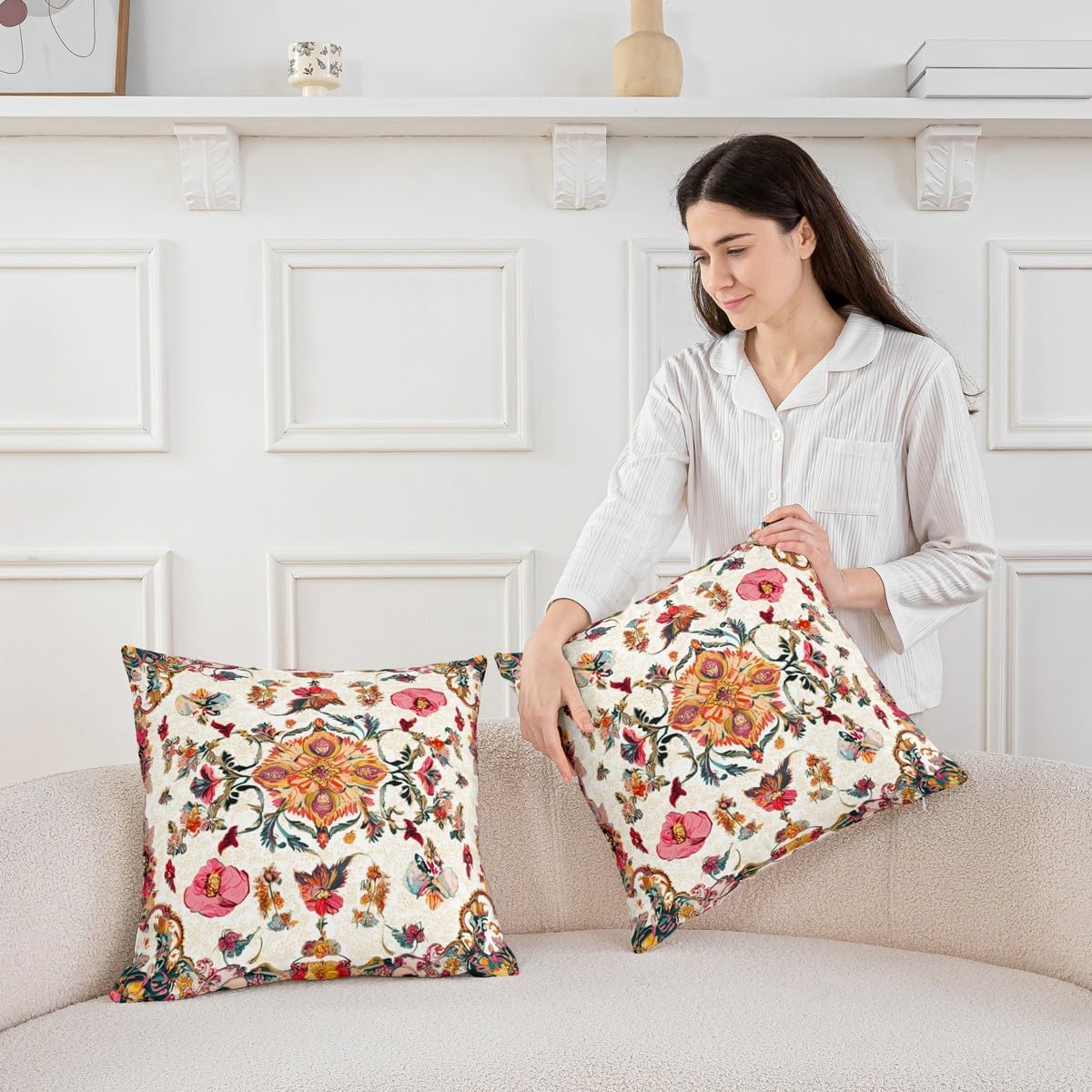 Pack of 4 Exotic Floral Throw Pillow Covers 18x18, Boho Pillow Covers, Bohemian Floral Exotic Tribal Cushion Covers, Abstract Gold Red Flowers Botanical Plant Cushion Cases for Girls