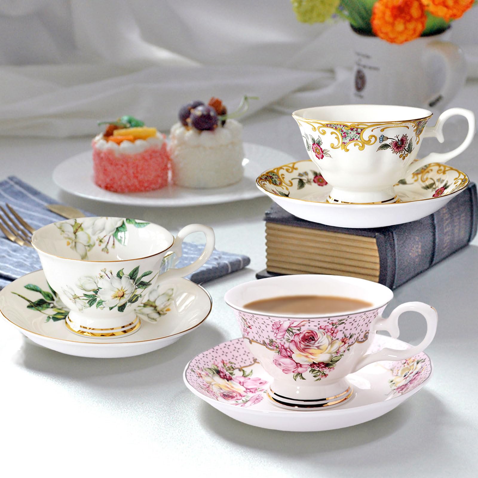 Lot de 2 tasses à café en porcelaine anglaise avec soucoupes de 200 ml - Motif floral - Tasse à thé - Cadeau pour le thé de l'après-midi (C)