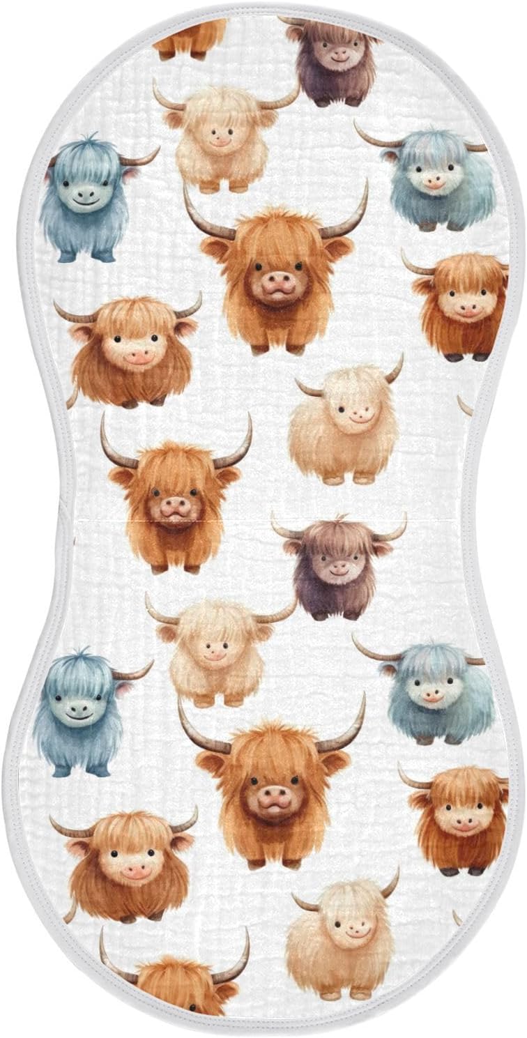 4Pcs Cute Highland Cow Pattern Burp Cloth,Unisex Large Absorbent Soft Cotton Muslin Burping Cloths for Newborn Boys Girls,11x22in,A110858