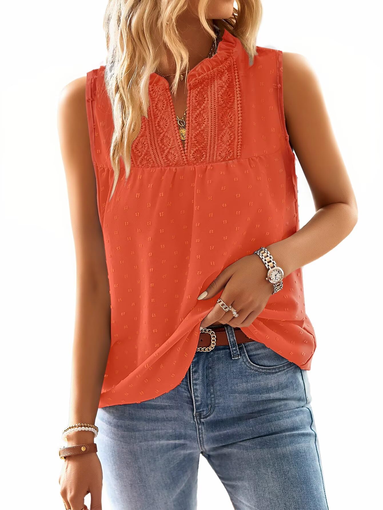 TUUHAW Tank Top Damen Sommer Boho Bluse Ärmellose Oberteile Fließend Elegant V-Ausschnitt T Shirt Lässig Basic Outfits Spitze