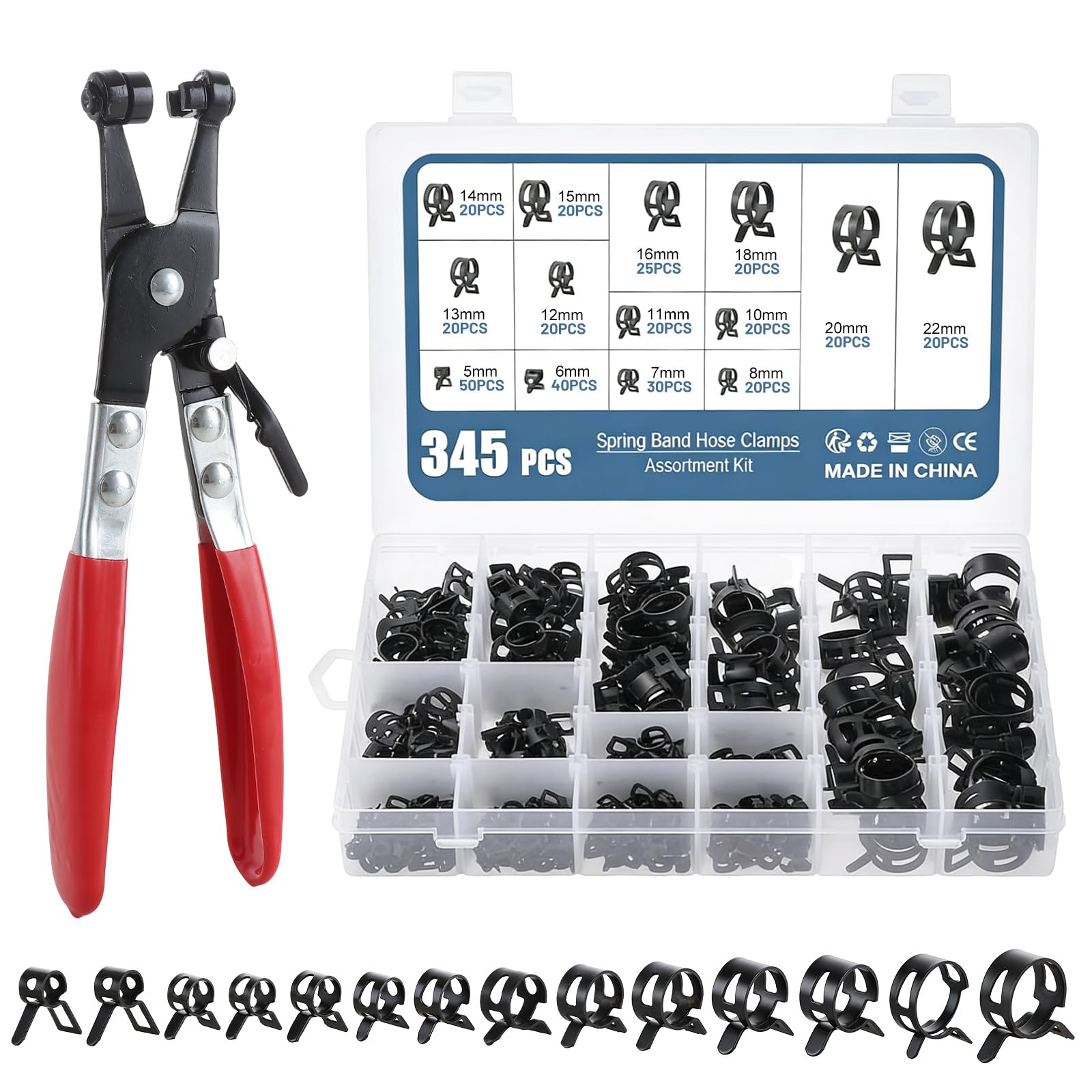 Oungy 345Pcs Hose Clips Set, 5-25mm Carbon Steel Hose Clamp with Hose Clamp Plier, Fastener Assortment Kit for Water and Gas Pipes