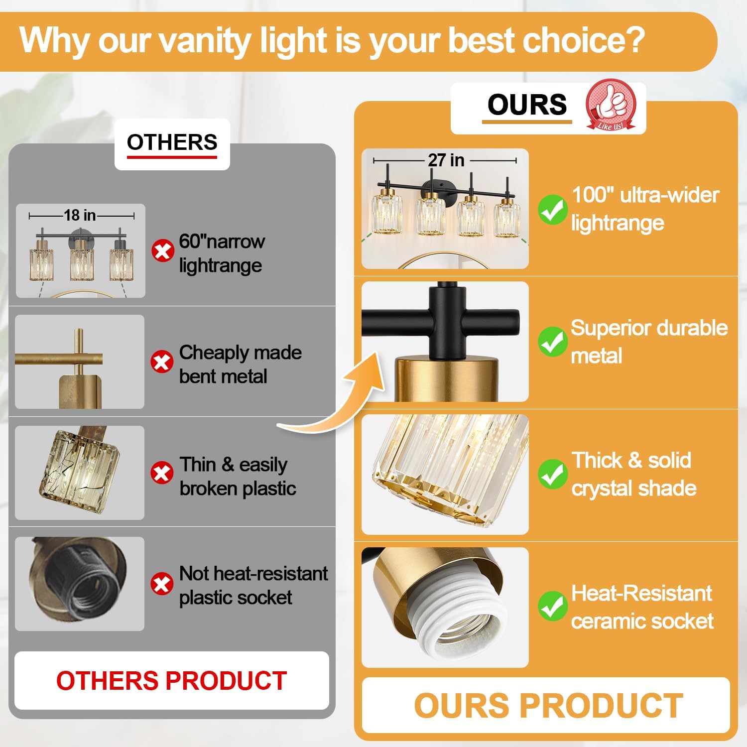 Modern Crystal Bathroom Vanity Light, 4-Light Black and Gold Bathroom Light Fixtures, Clear K9 Crystal Shades, Adjustable Up/Down Mount, E26 Base Wall Sconce (Bulbs Not Included) Black and Gold 4-Light