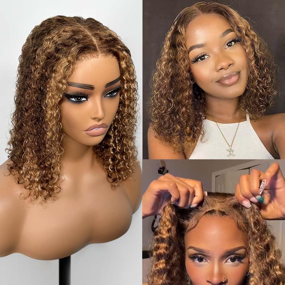 Smilegirl Highlight Glueless Bob Wig Human Hair Pre Plucked Pre Cut, P4/27 Ombre Honey Blonde Curly Human Hair Wig Glueless Wear and Go for Black