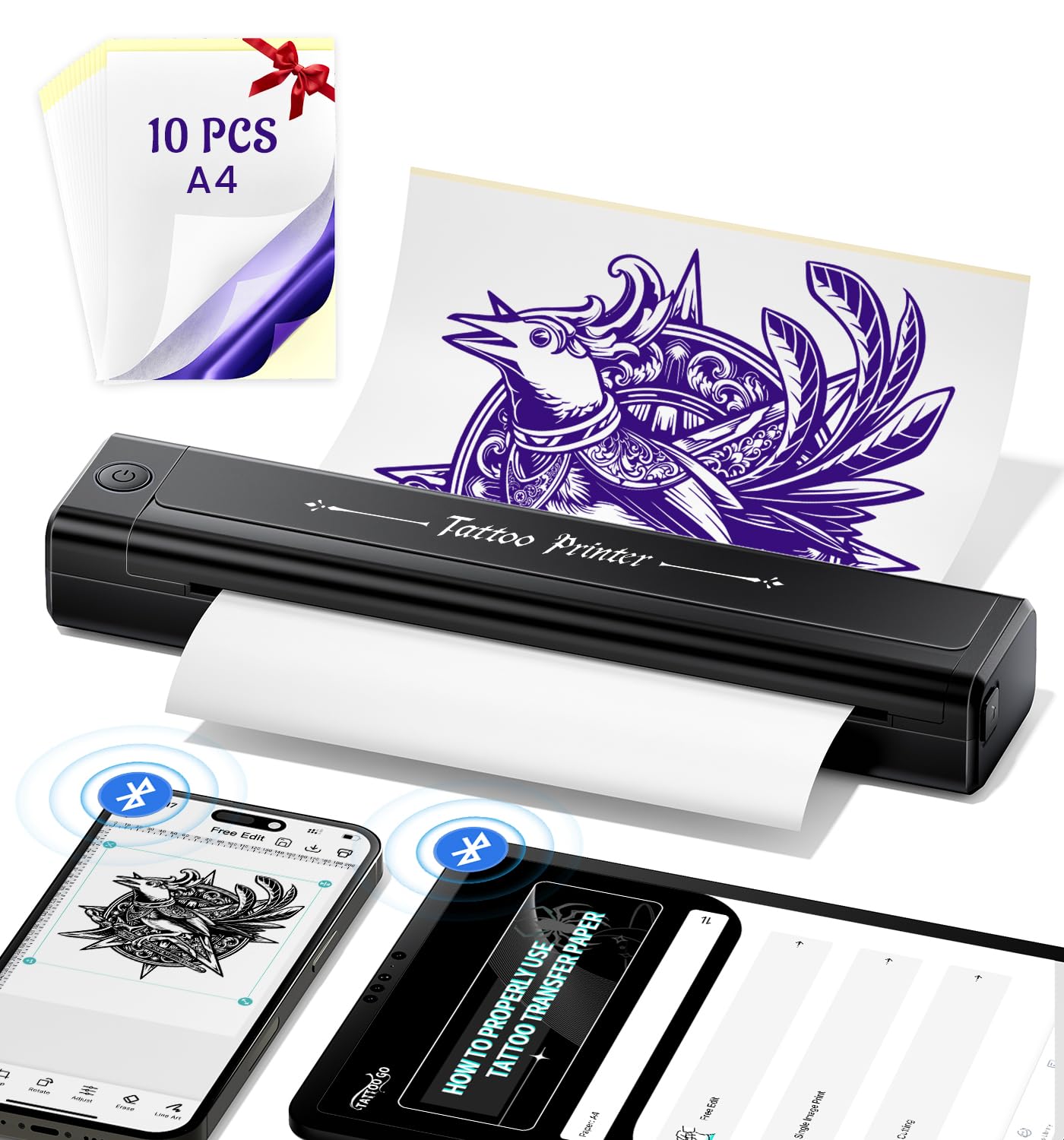 Yowell H1 Tattoo Drucker Bluetooth, Stencil Drucker, Tattoo-Drucker mit 10 Blatt Transferpapier, Tattoo-Stencil-Drucker für Smartphone & PC, Thermodrucker-Tattoo für Künstler und Anfänger, Schwarz